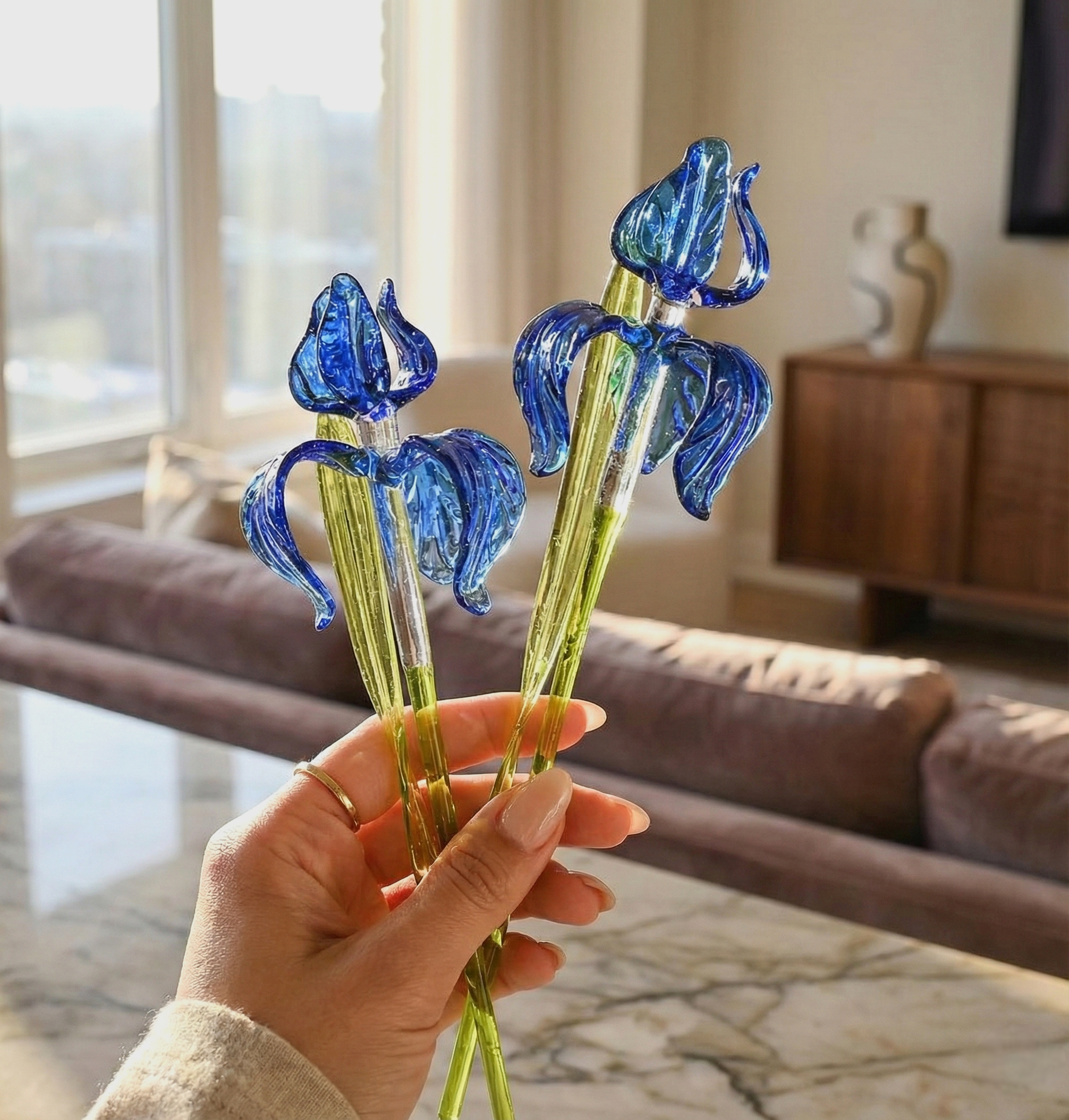 Glass Iris Flower - Hand Blown Glass Iris - Blue Glass Flowers Bouquet - Blown Glass Flowers - Christmas Gift for Mom