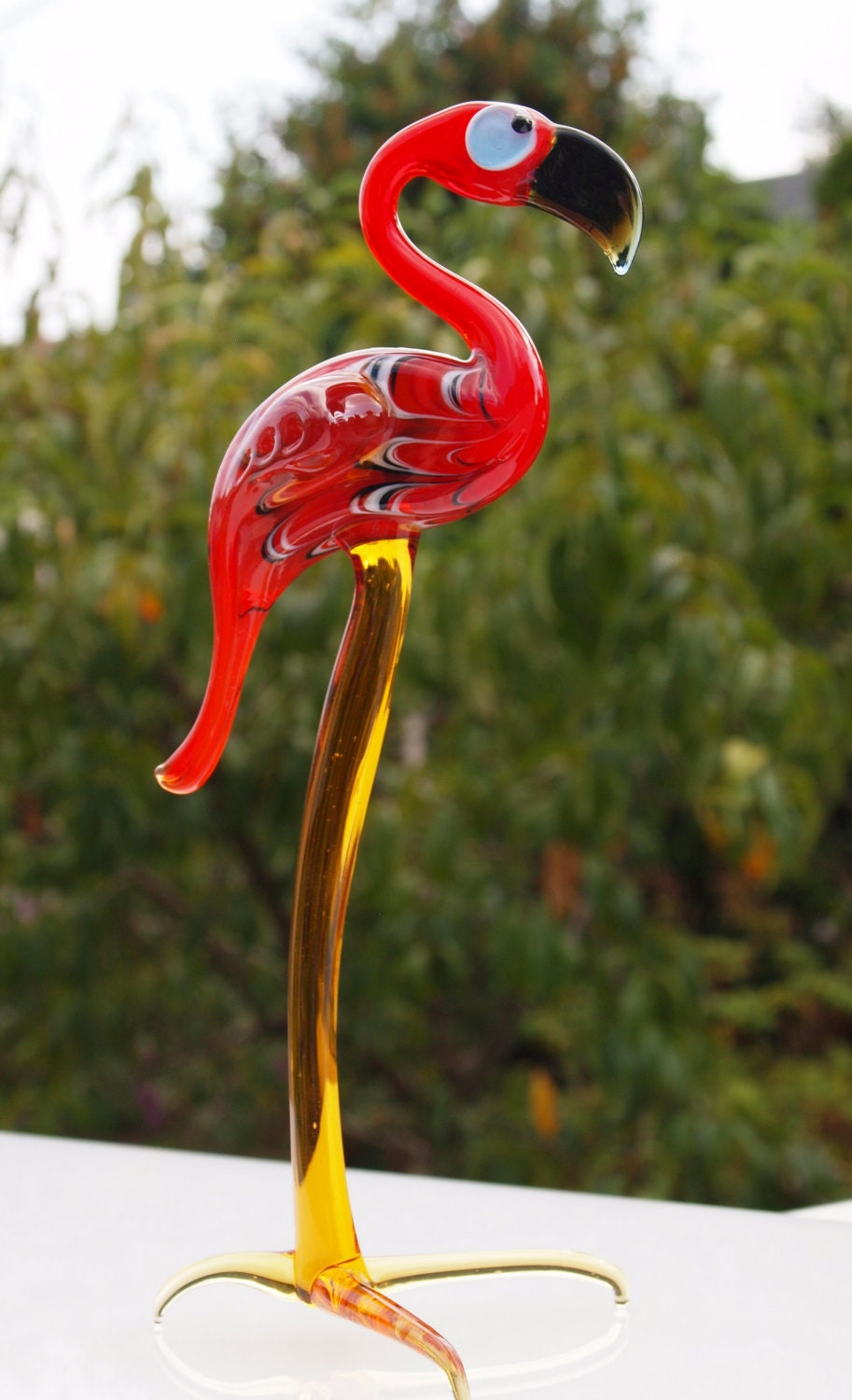 Handmade Glass Flamingo Figurine: Red-Orange Collectible Sculpture