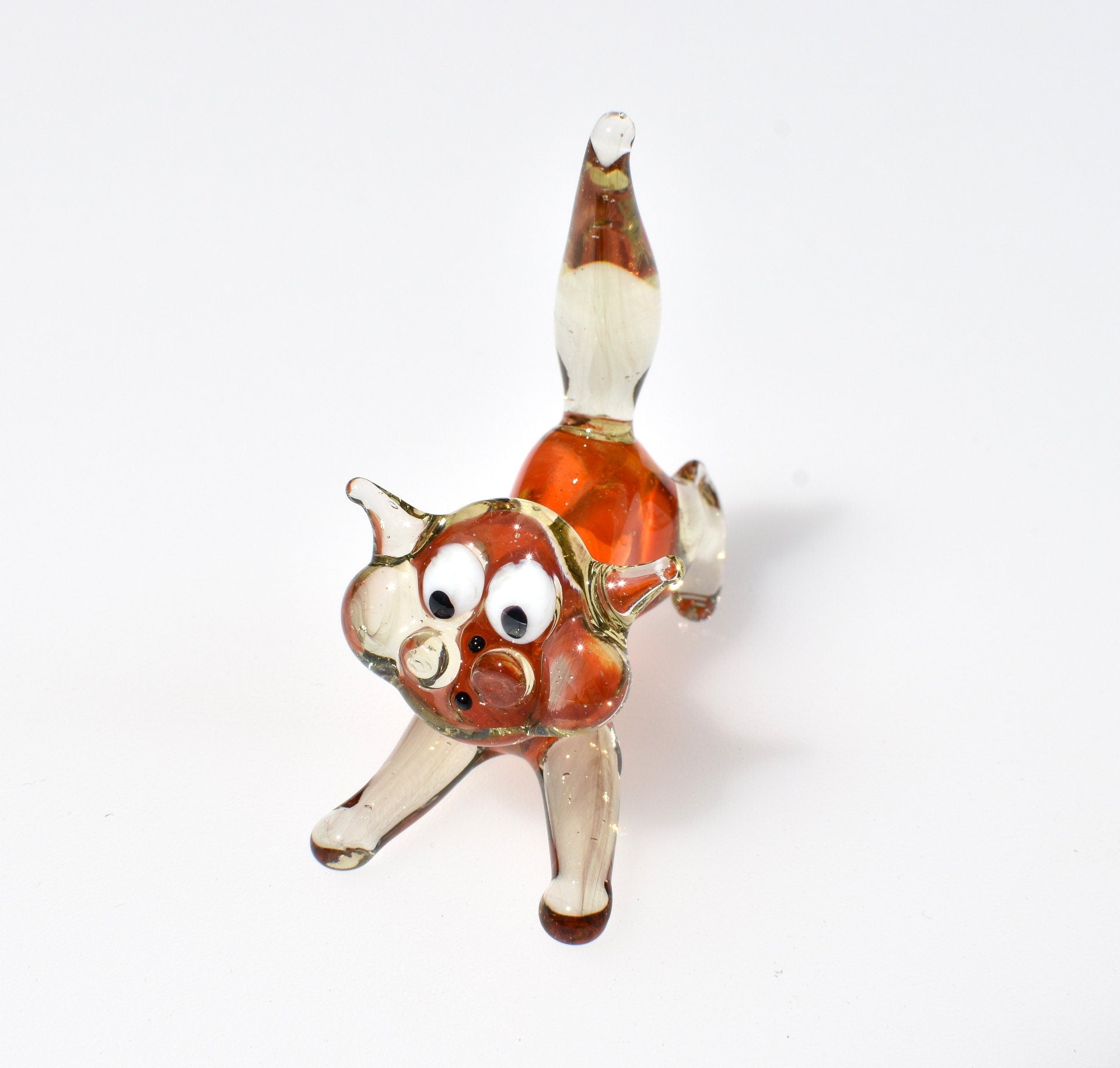 Handmade Glass Orange Cat Figurine: Whimsical Art Sculpture
