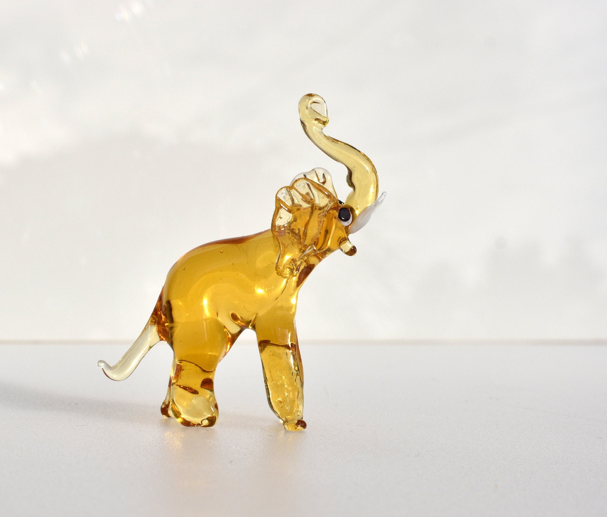 Yellow Glass Elephant Figurine – Hand Blown Animal Sculpture – Whimsical Safari Decor