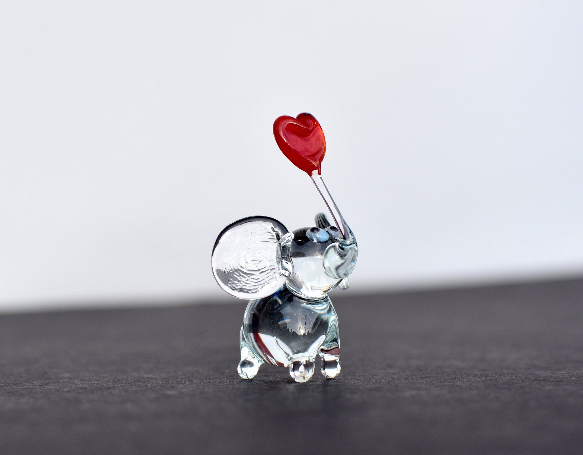 Hand Blown Glass Elephant Figurine: Red Heart, Miniature Sculpture
