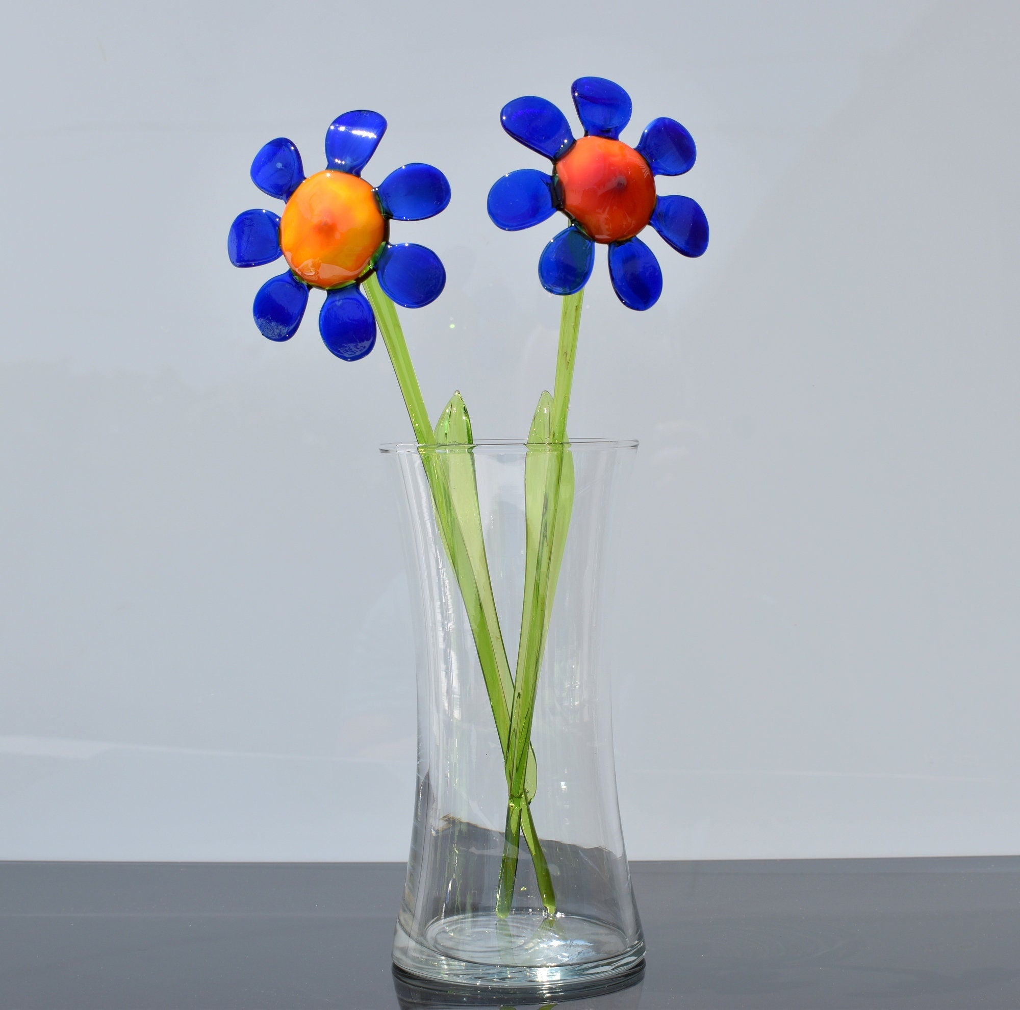 Handmade Blue Daisy Glass Flower Sculpture: Flame Work Art