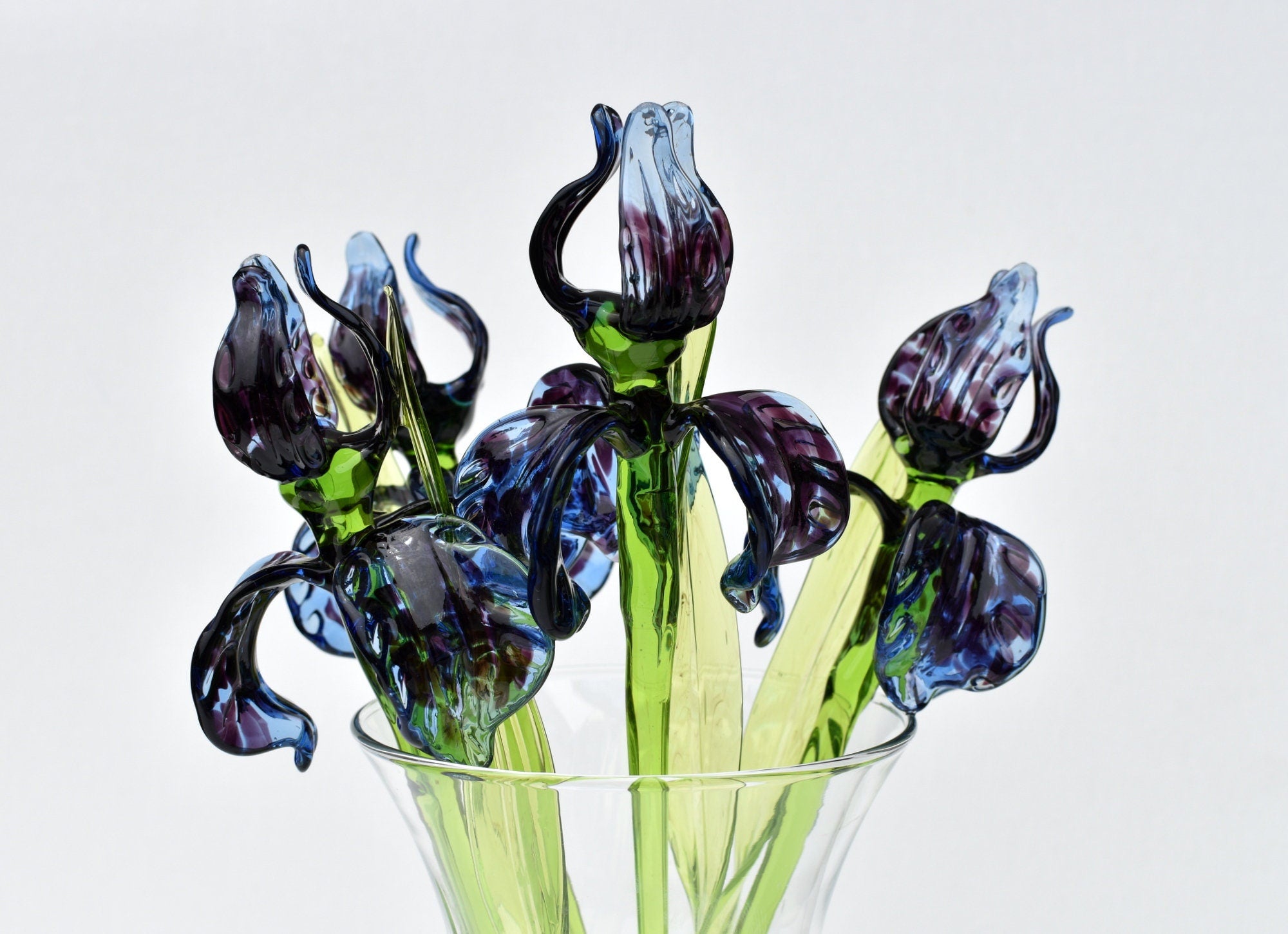 Hand-made Glass Iris with Blue Cheetah Pattern — Long-Stem Flower Sculpture, Unique Collectible Art