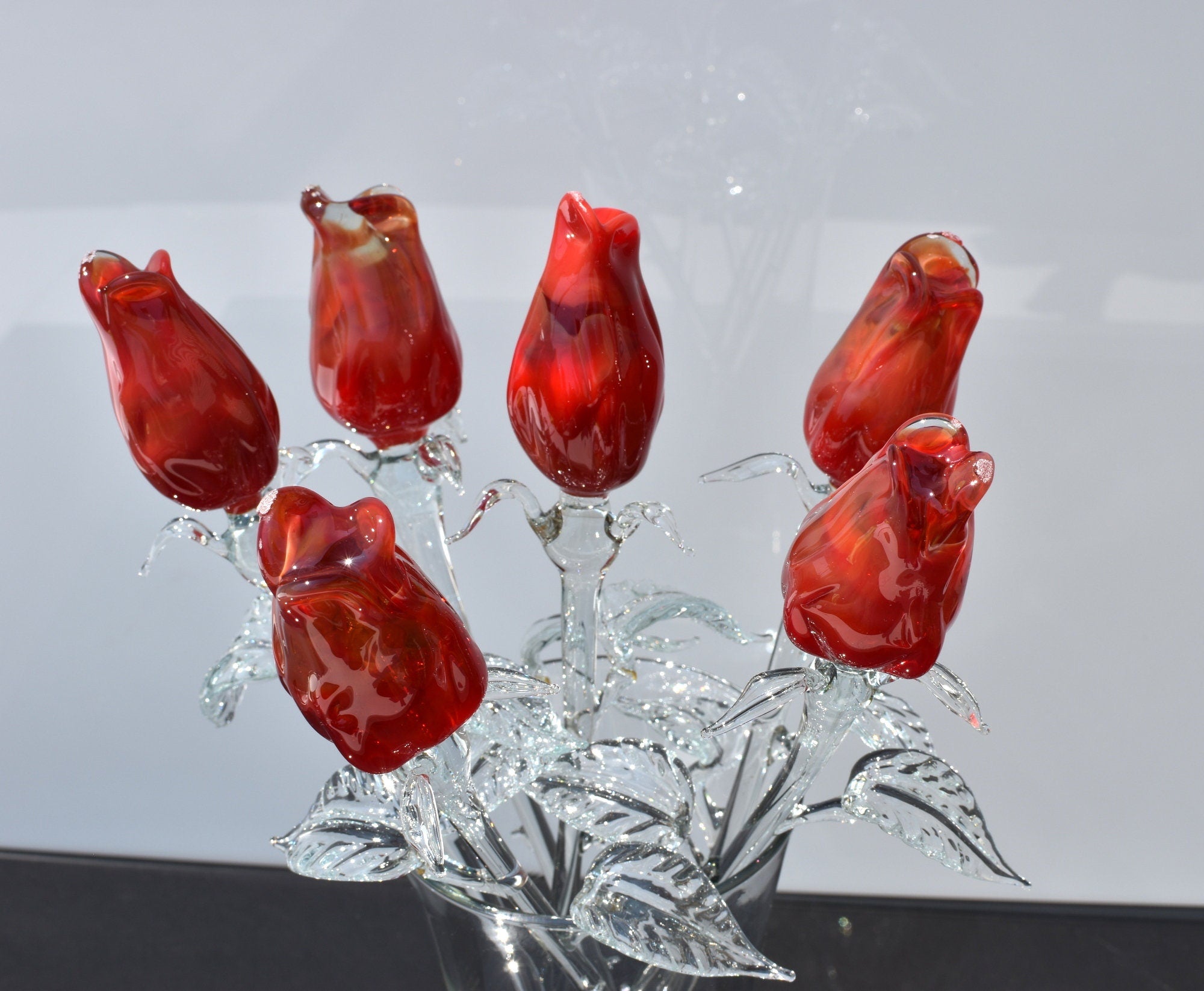 Glass Flower Bouquet - Handmade Glass Flowers Roses - Blown Glass Flowers - Red Glass Roses - Mothers Day Gifts for Her