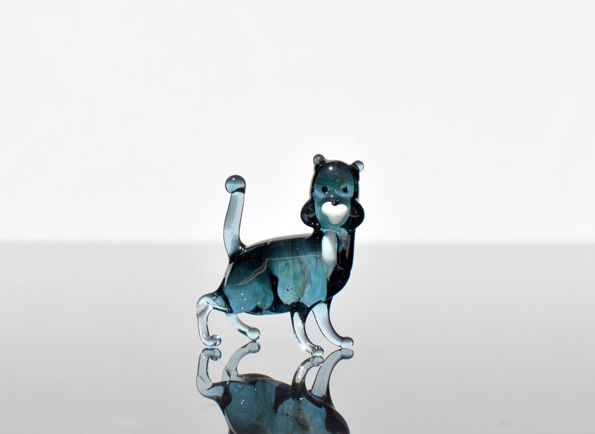 Handmade Blue Glass Cat Figurine: Whimsical Art Glass Sculpture