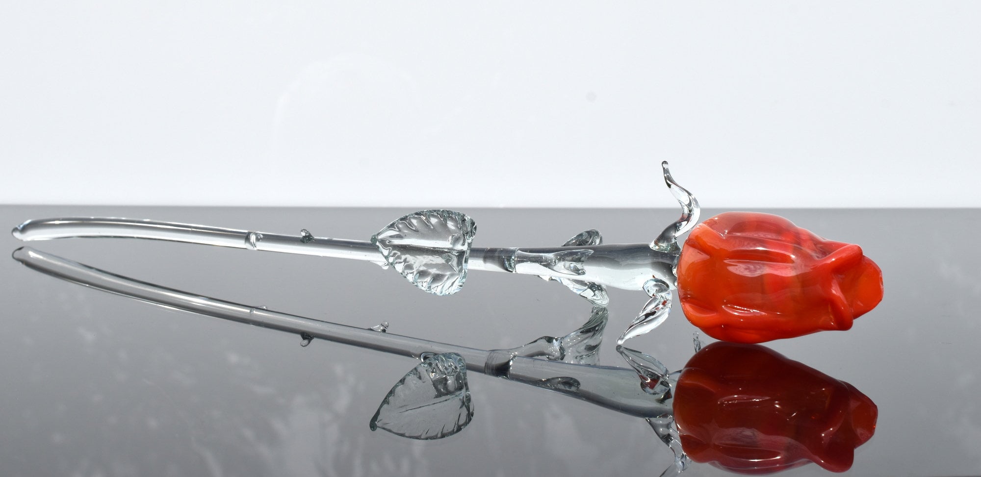 Handmade Orange-Red Glass Rose: Flame Work Sculpture, 14-inch