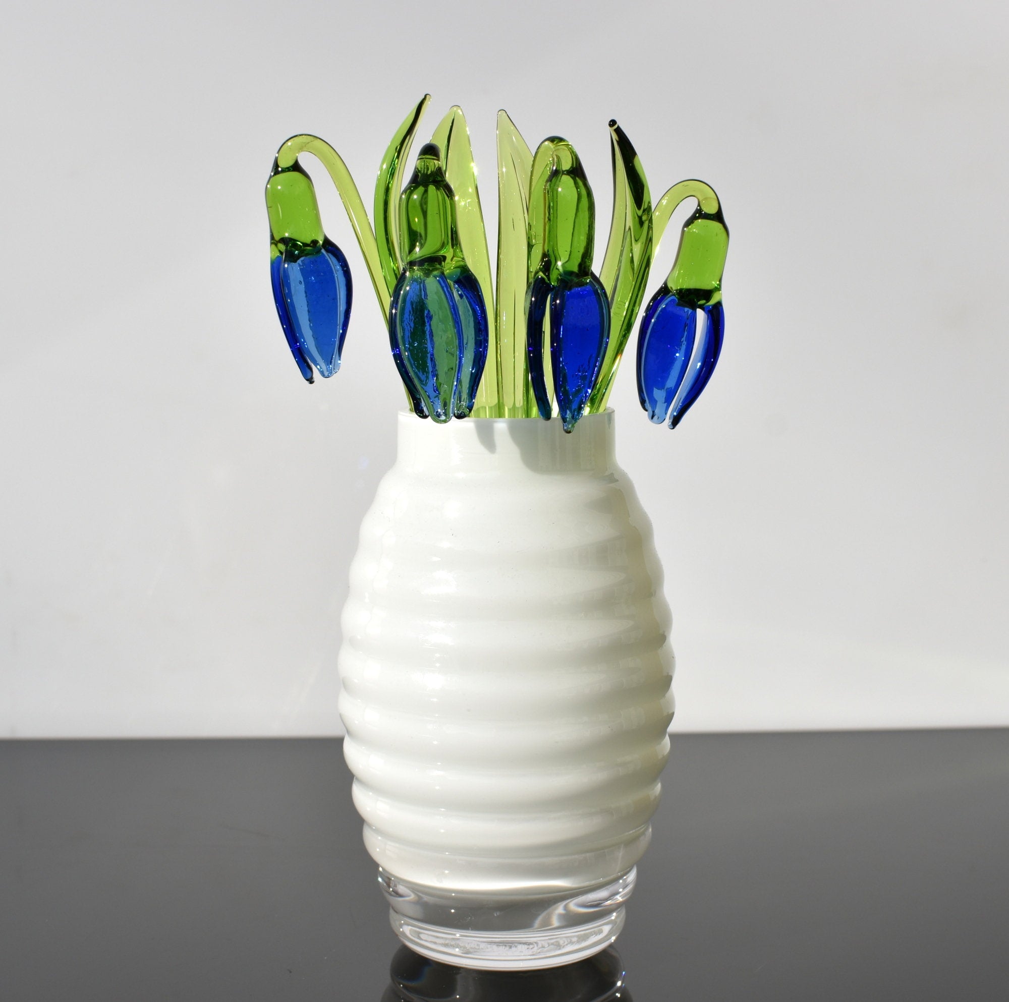 Blue Glass Snowdrop Flower: Handmade Flame Worked Sculpture, 7.5 in