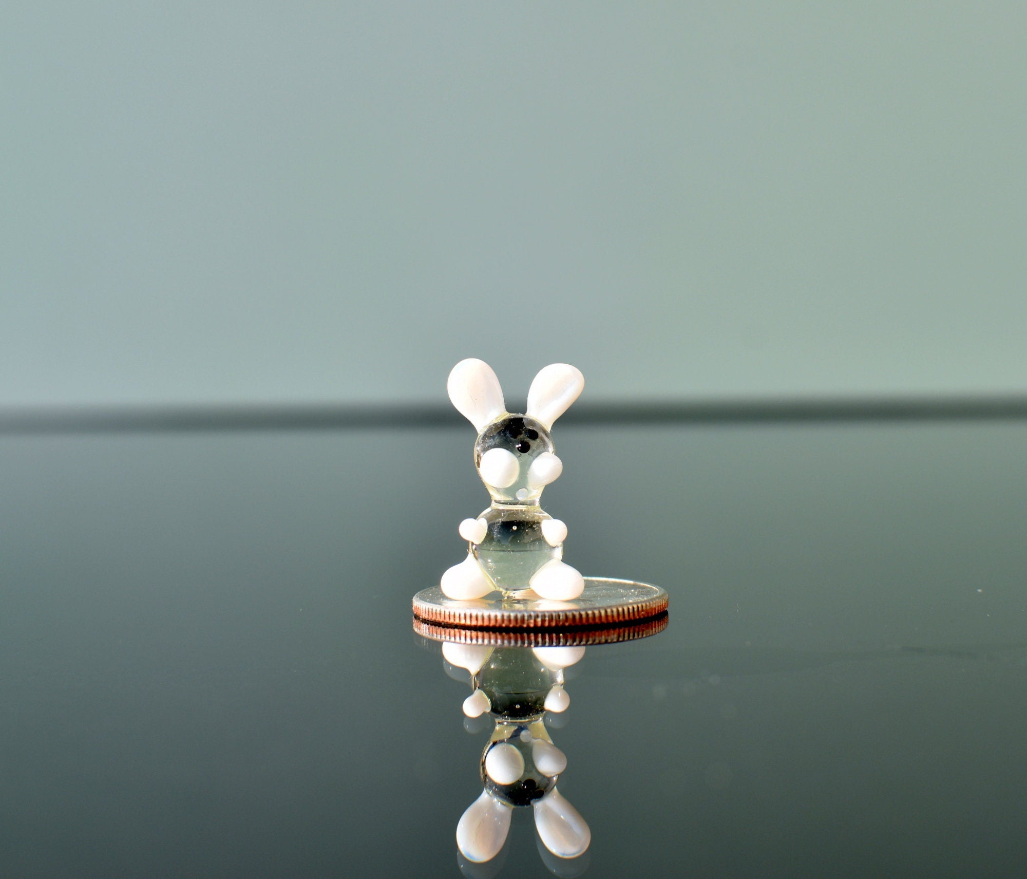 Lampwork Glass Bunny Miniature: Clear-White Whimsical Figurine