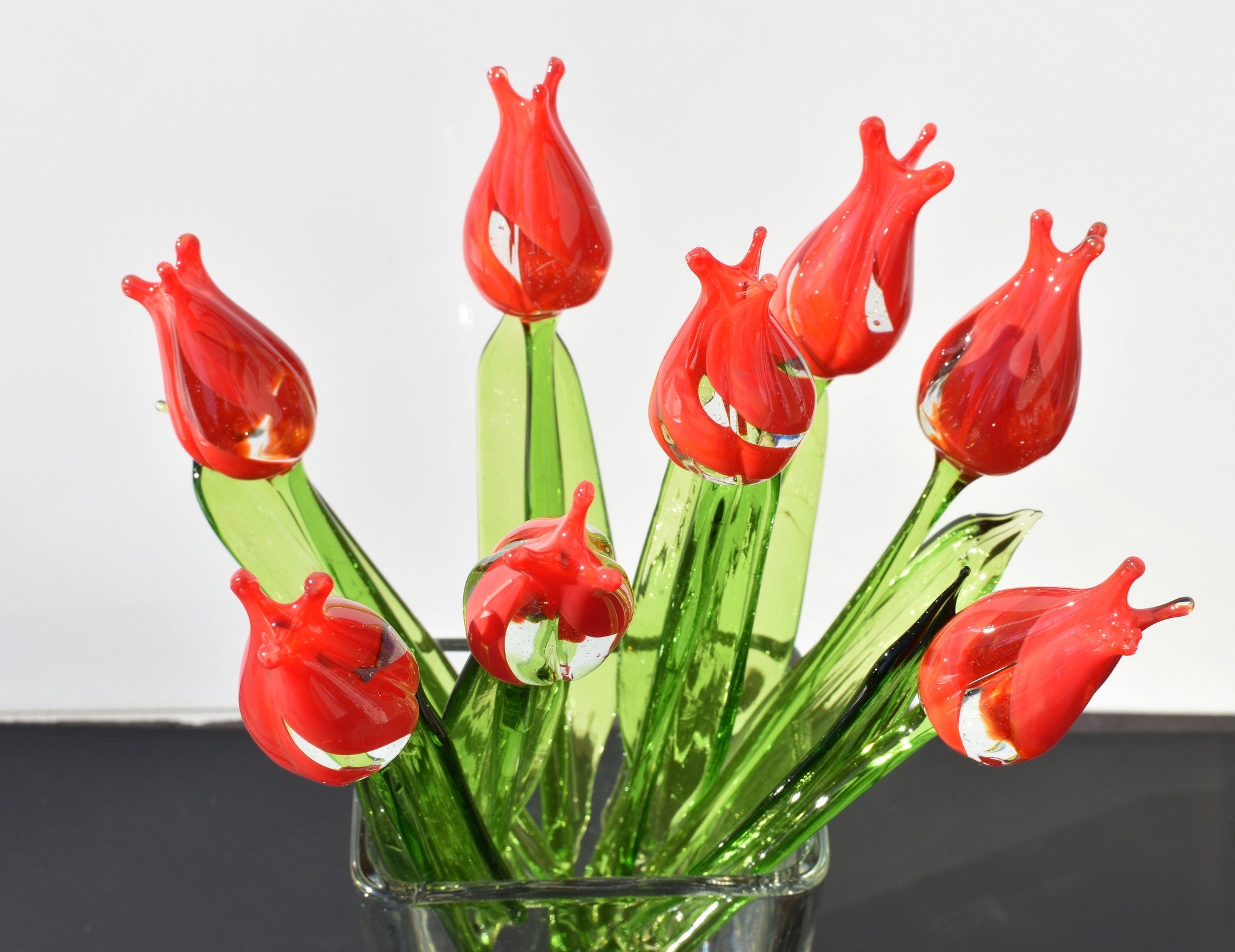 Handmade Red Glass Tulip: Collectible Flame-Worked Sculpture, 11.5 inch
