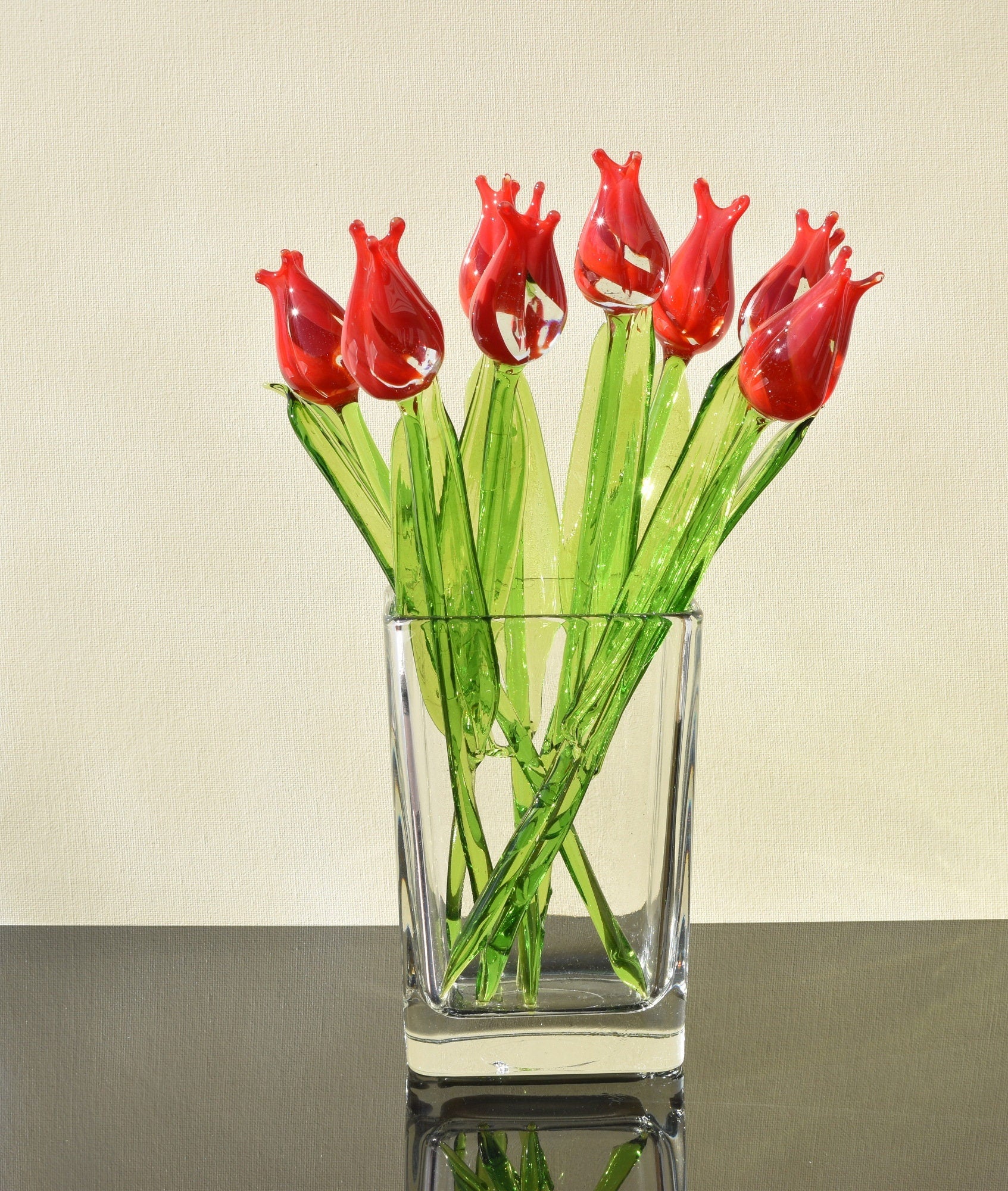 Handmade Red Glass Tulip: Collectible Flame-Worked Sculpture, 11.5 inch