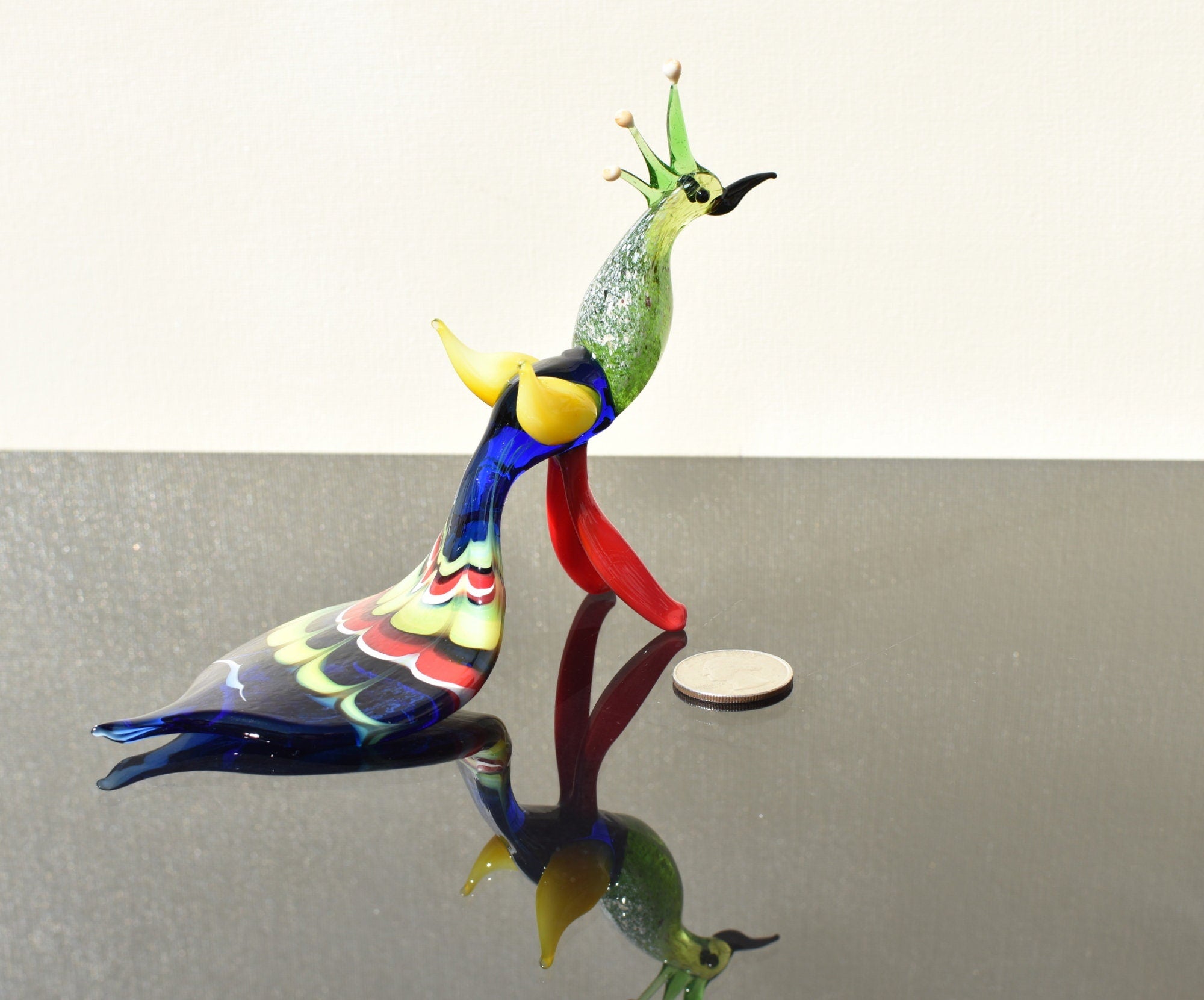 Hand Blown Art Glass Peacock Figurine: Whimsical Flame Worked Sculpture