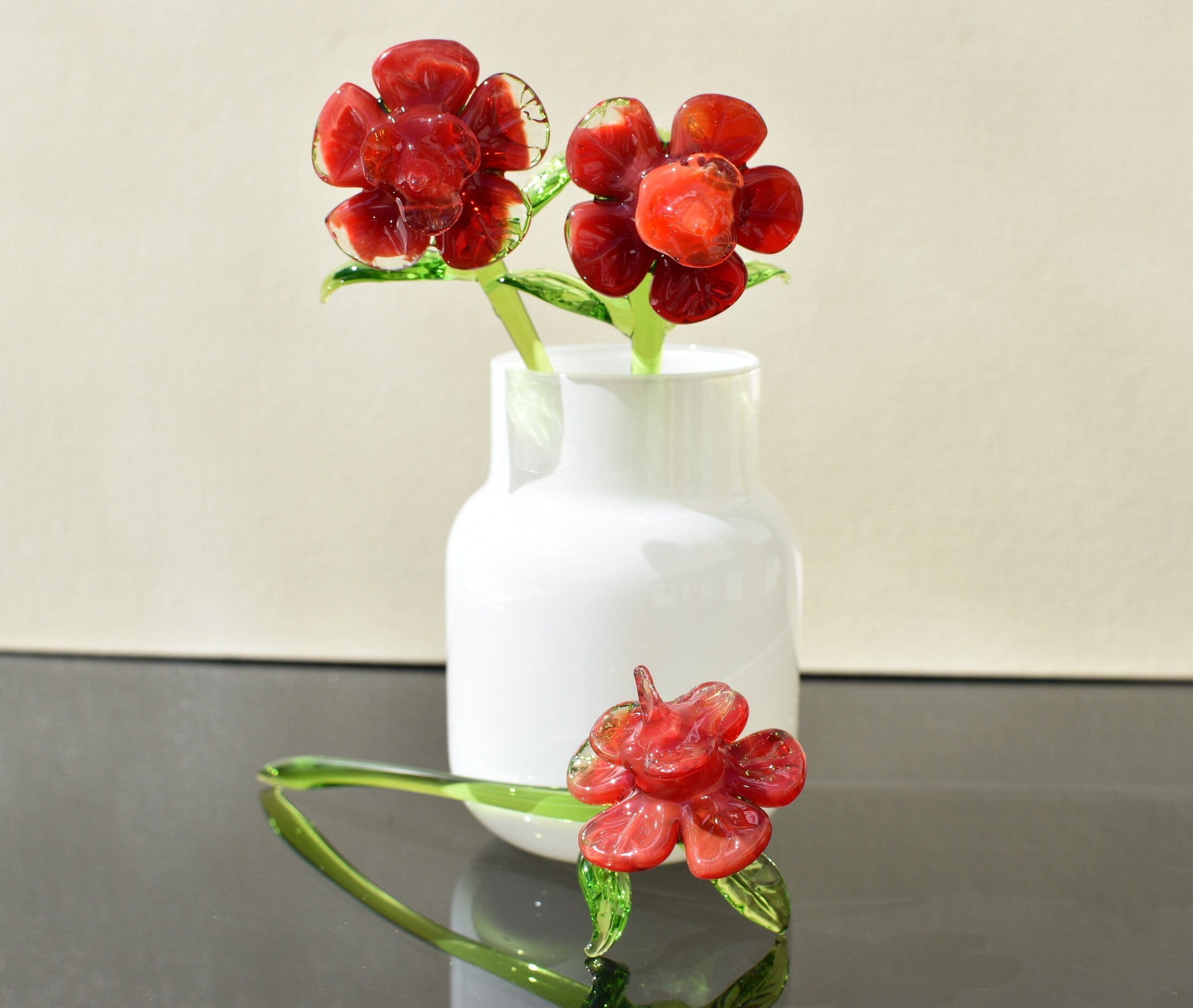 Hand Blown Red Glass Flowers: Collectible Flamework Sculpture, 7 Inch