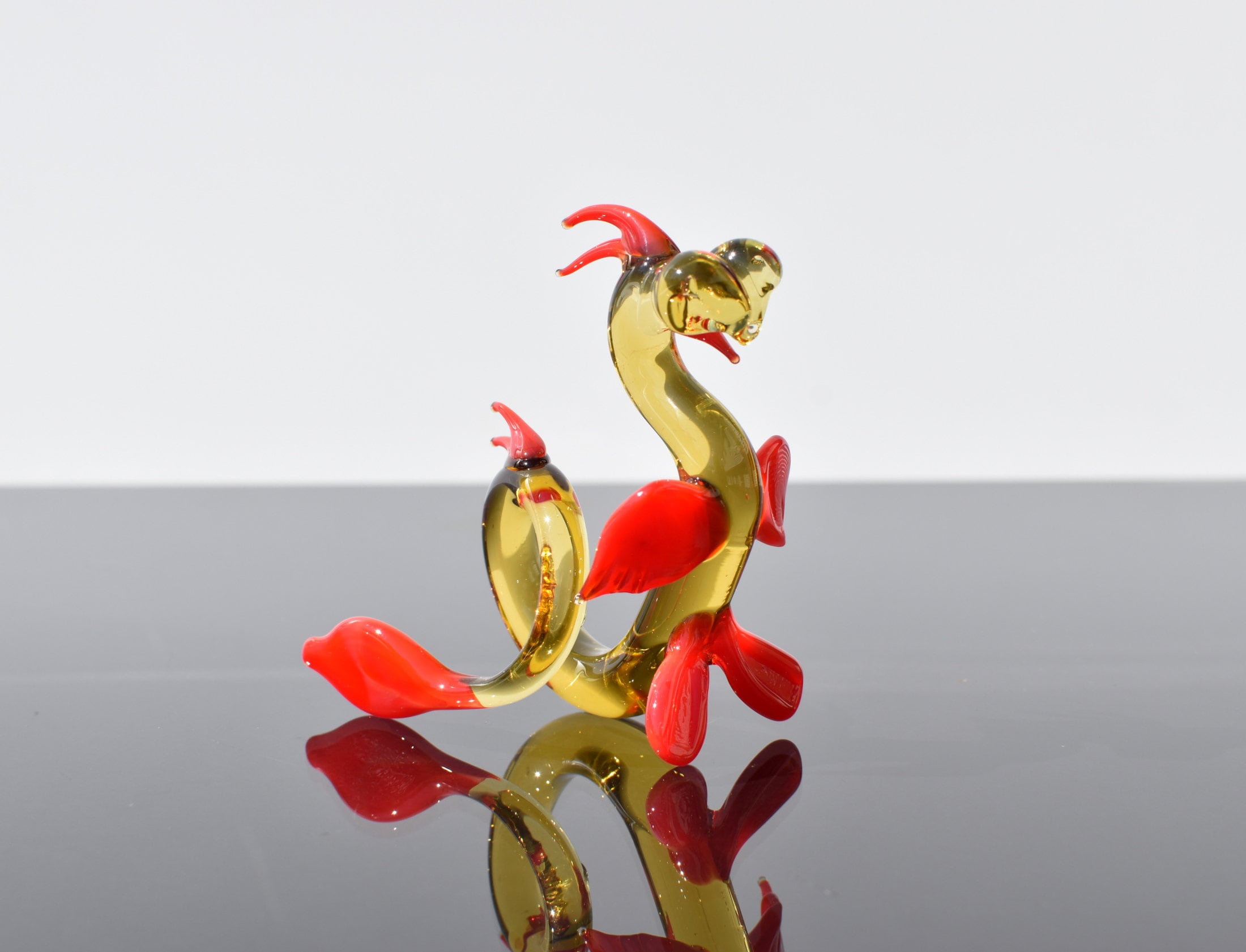 Handmade Art Glass Dragon Figurine: Orange Yellow Flame Work Collectible