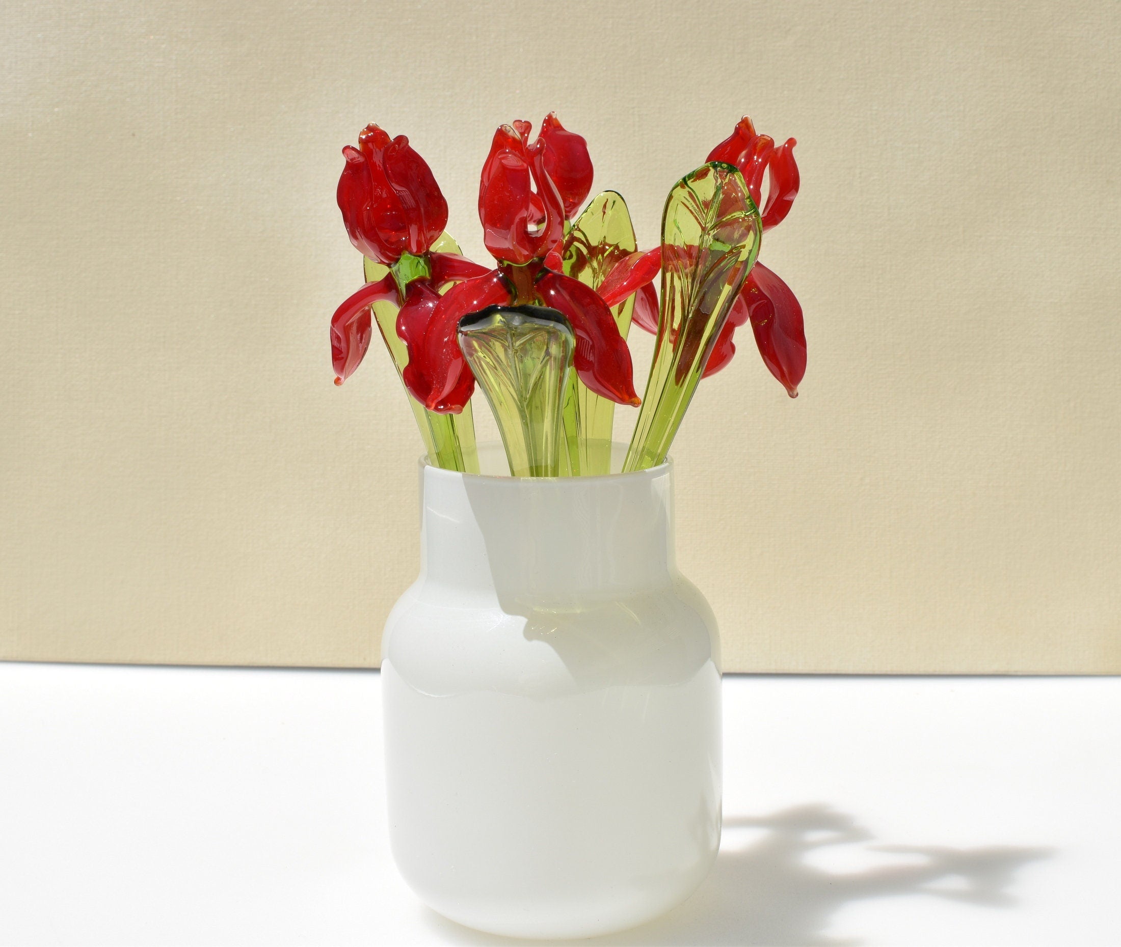 Red Glass Iris Flower: Handmade Flame-Worked Sculpture (7.5-8 inch)