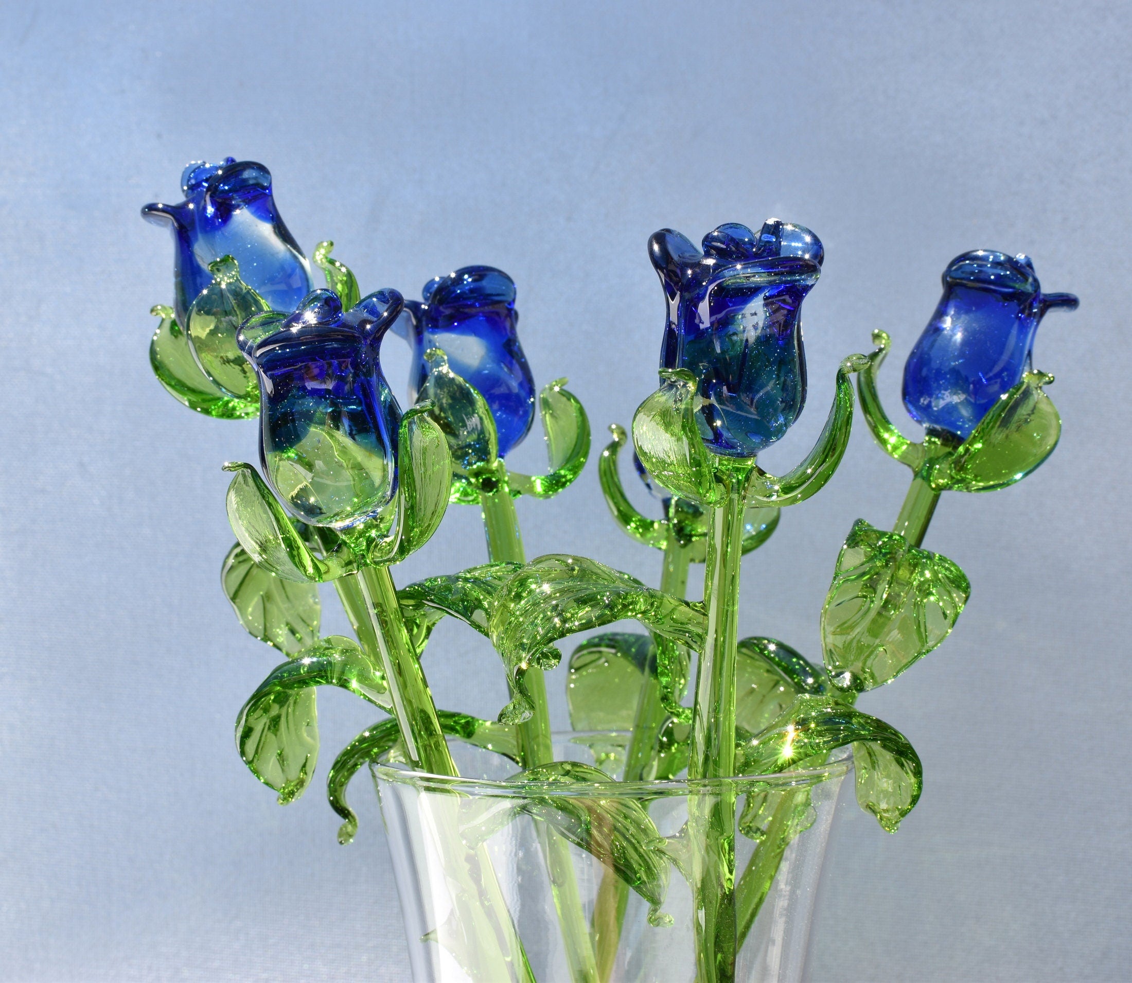 Handmade Blue Glass Rose, Flame work Sculpture, Art Glass Gift