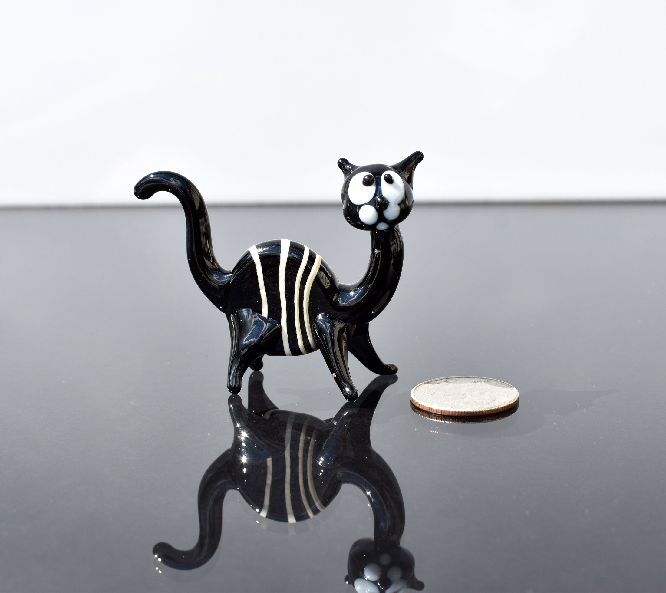 Handmade Black & White Striped Glass Cat Figurine: Art Glass Sculpture