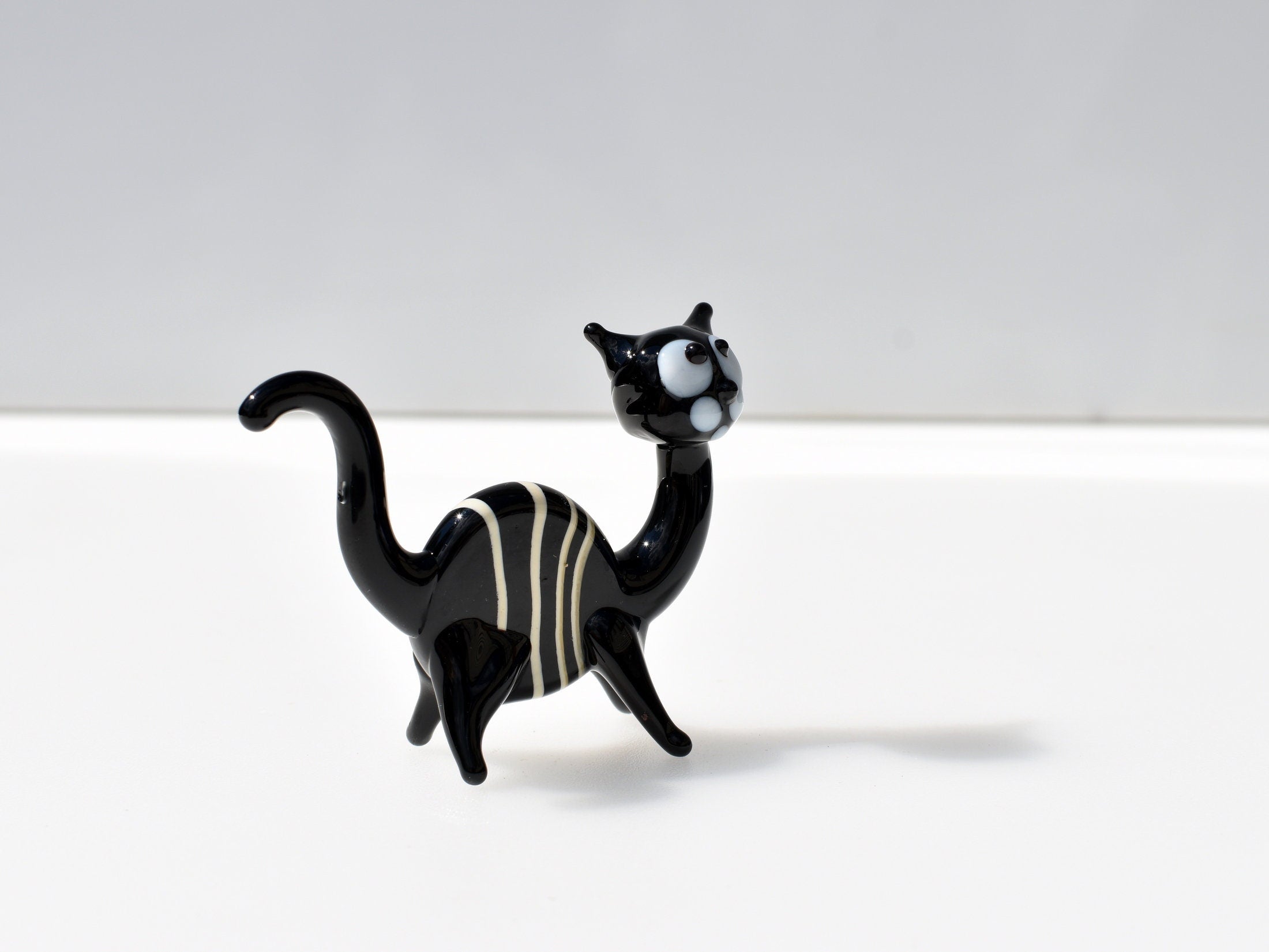 Handmade Black & White Striped Glass Cat Figurine: Art Glass Sculpture