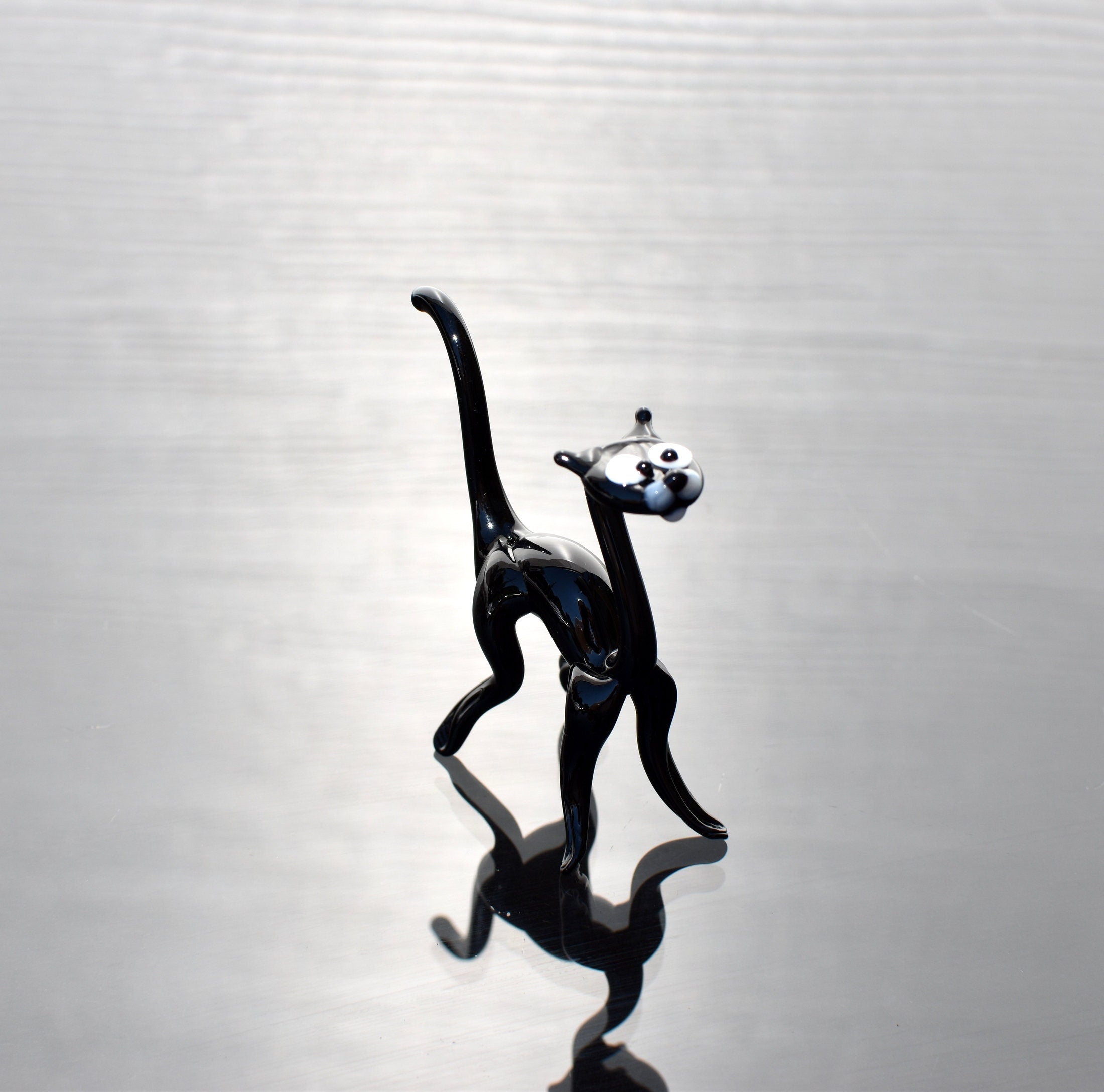 Handmade Glass Black Cat Figurine: Whimsical Art Glass Sculpture