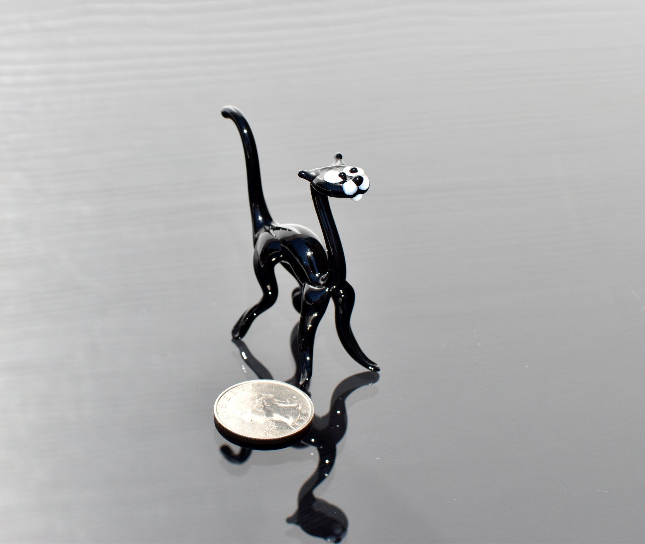 Handmade Glass Black Cat Figurine: Whimsical Art Glass Sculpture