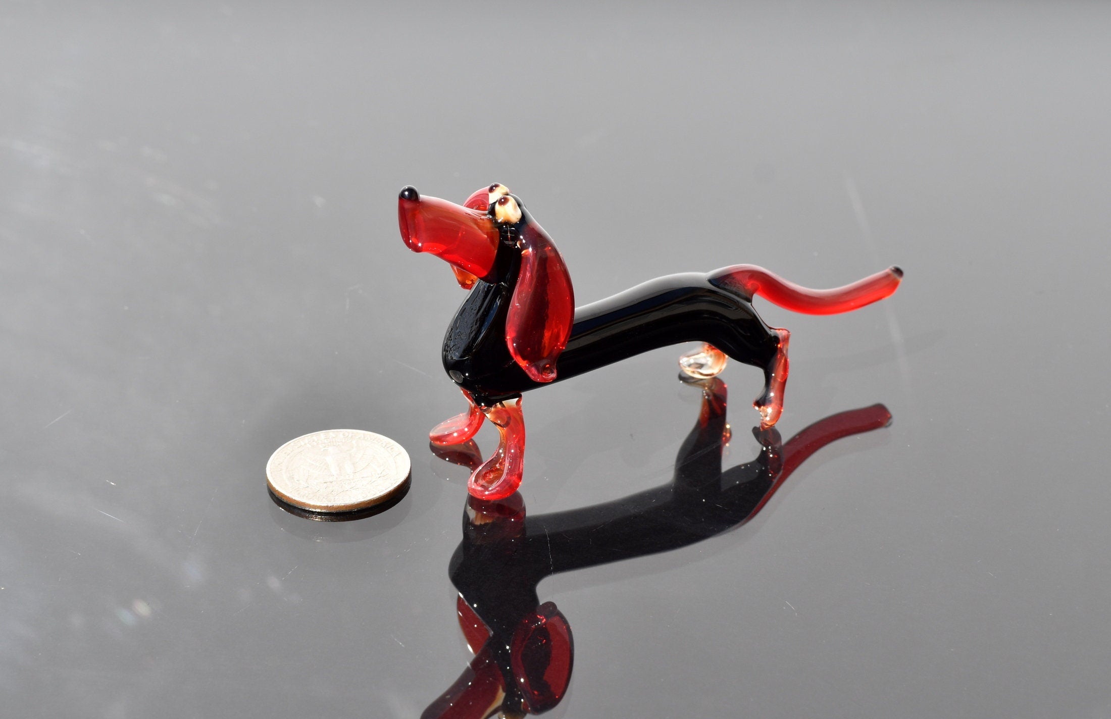 Handmade Glass Dachshund Figurine: Black and Red Art Glass
