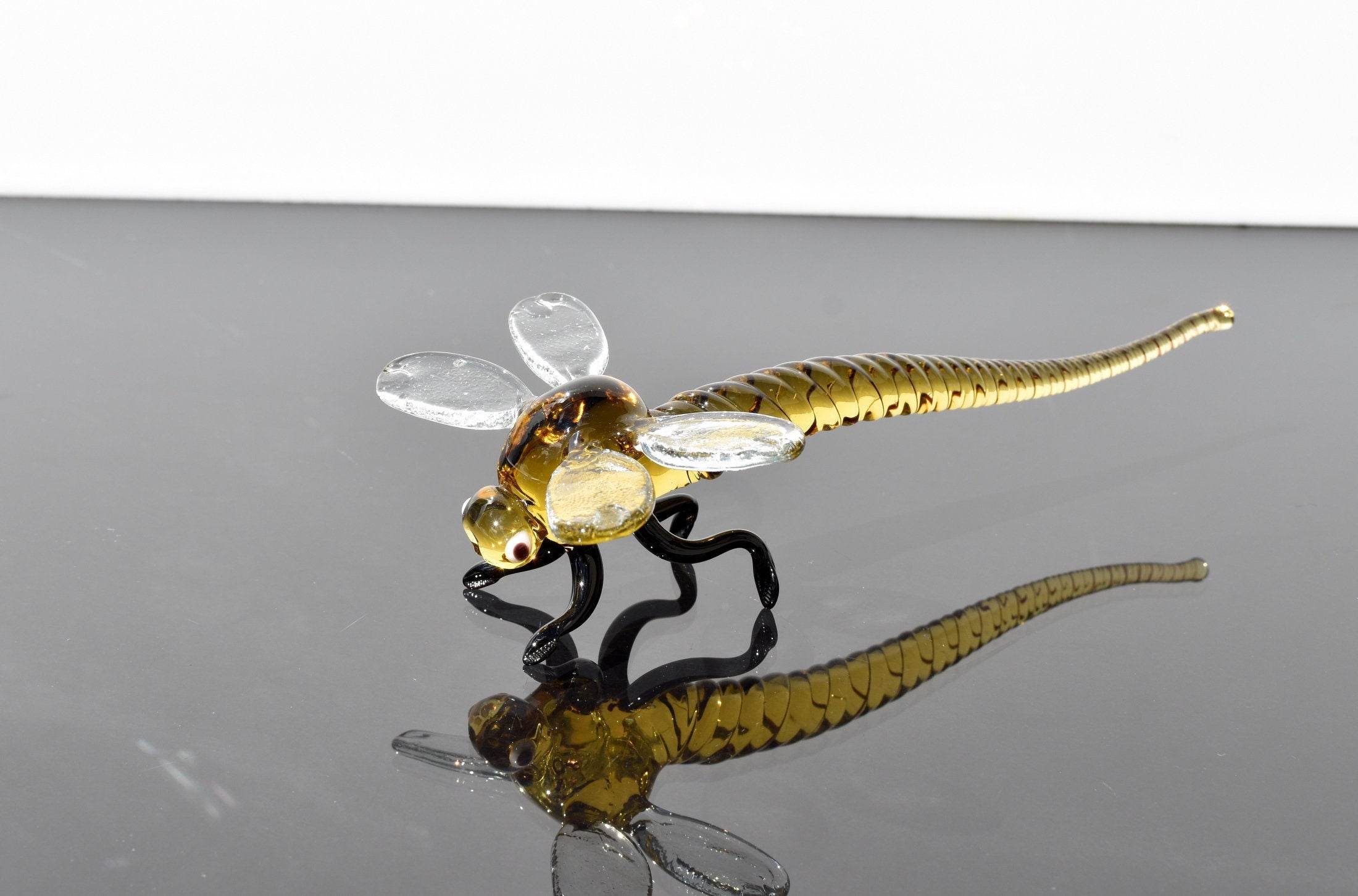 Handmade Amber Glass Dragonfly Figurine: Collectible Art Glass, 6"