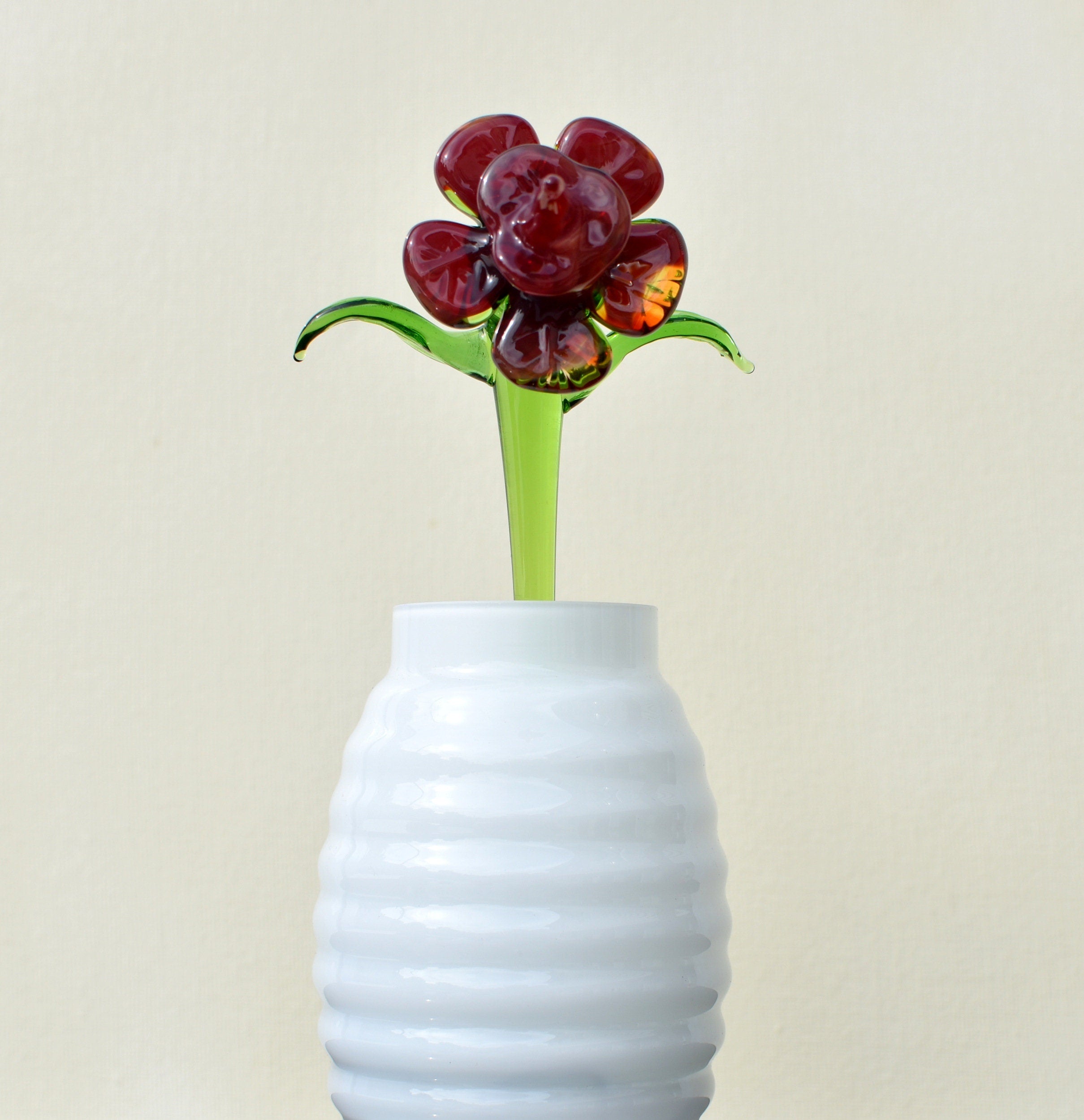 Hand Blown Red Glass Flower Sculpture: Flame Work Art Glass