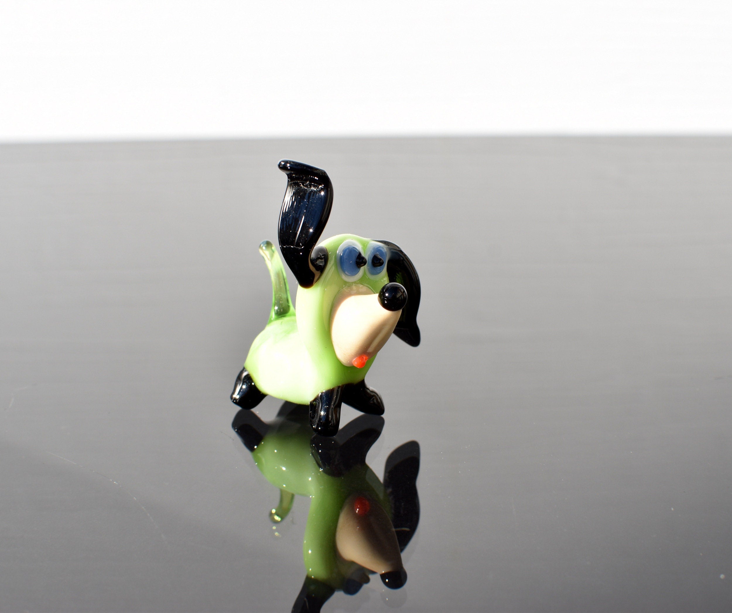 Lime-Green Glass Dog Figurine: Whimsical Handmade Sculpture
