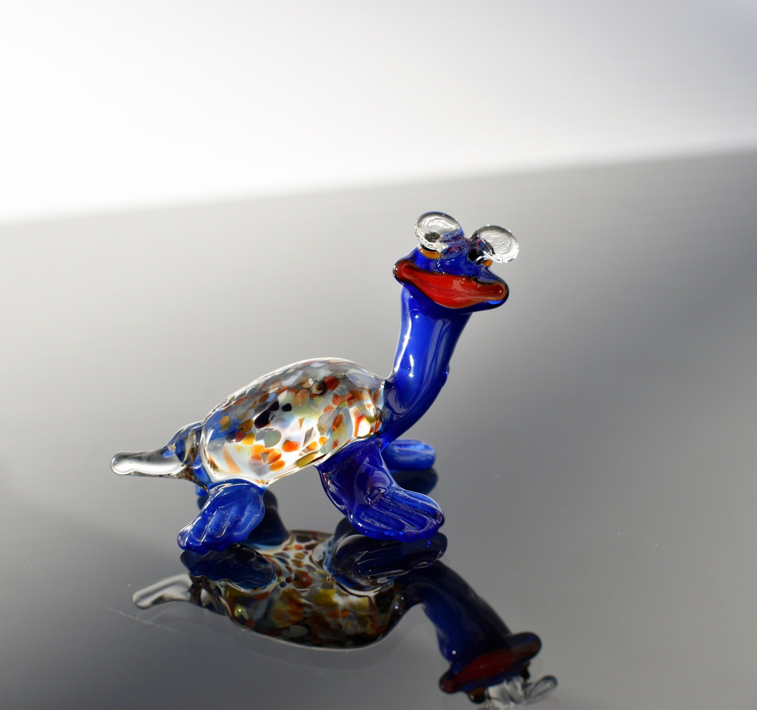 Whimsical Glass Turtle Figurine: Blue Turtle with Glasses, Handmade Sculpture
