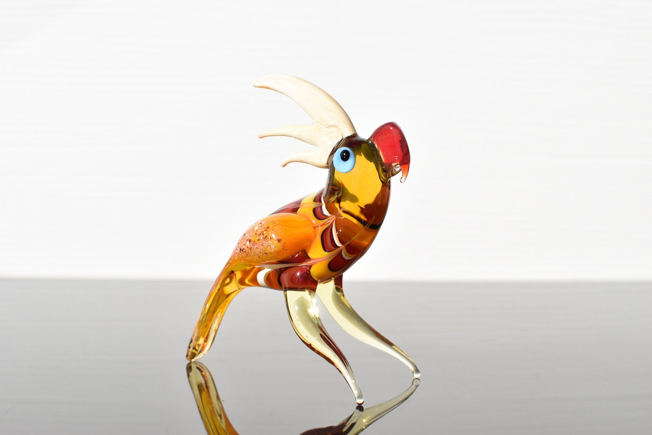 Handmade Colorful Glass Parrot Figurine: Whimsical Art Glass Sculpture