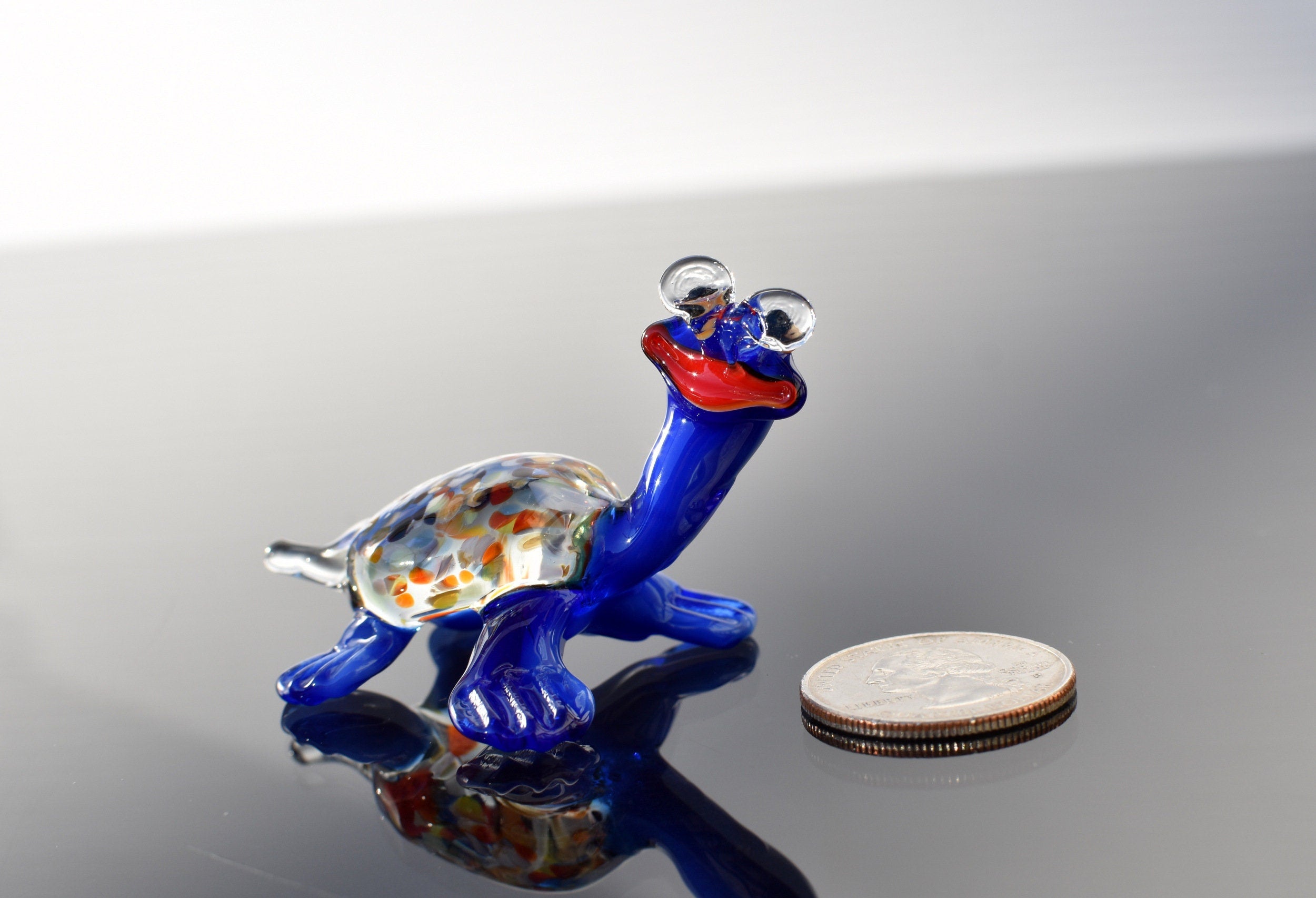 Whimsical Glass Turtle Figurine: Blue Turtle with Glasses, Handmade Sculpture
