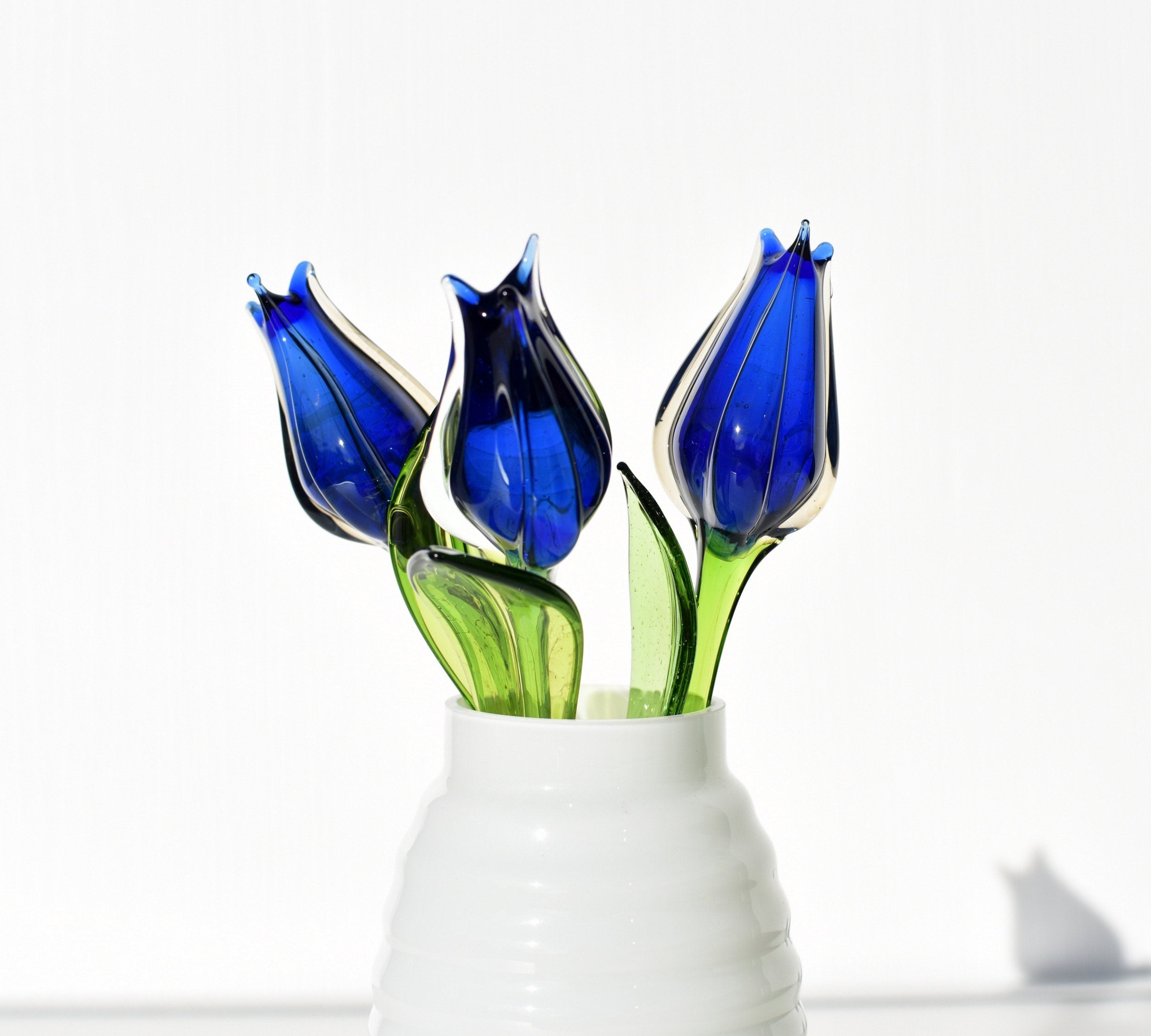 Cobalt Blue Glass Tulip: Handmade Flame-Worked Sculpture, Weatherproof Art