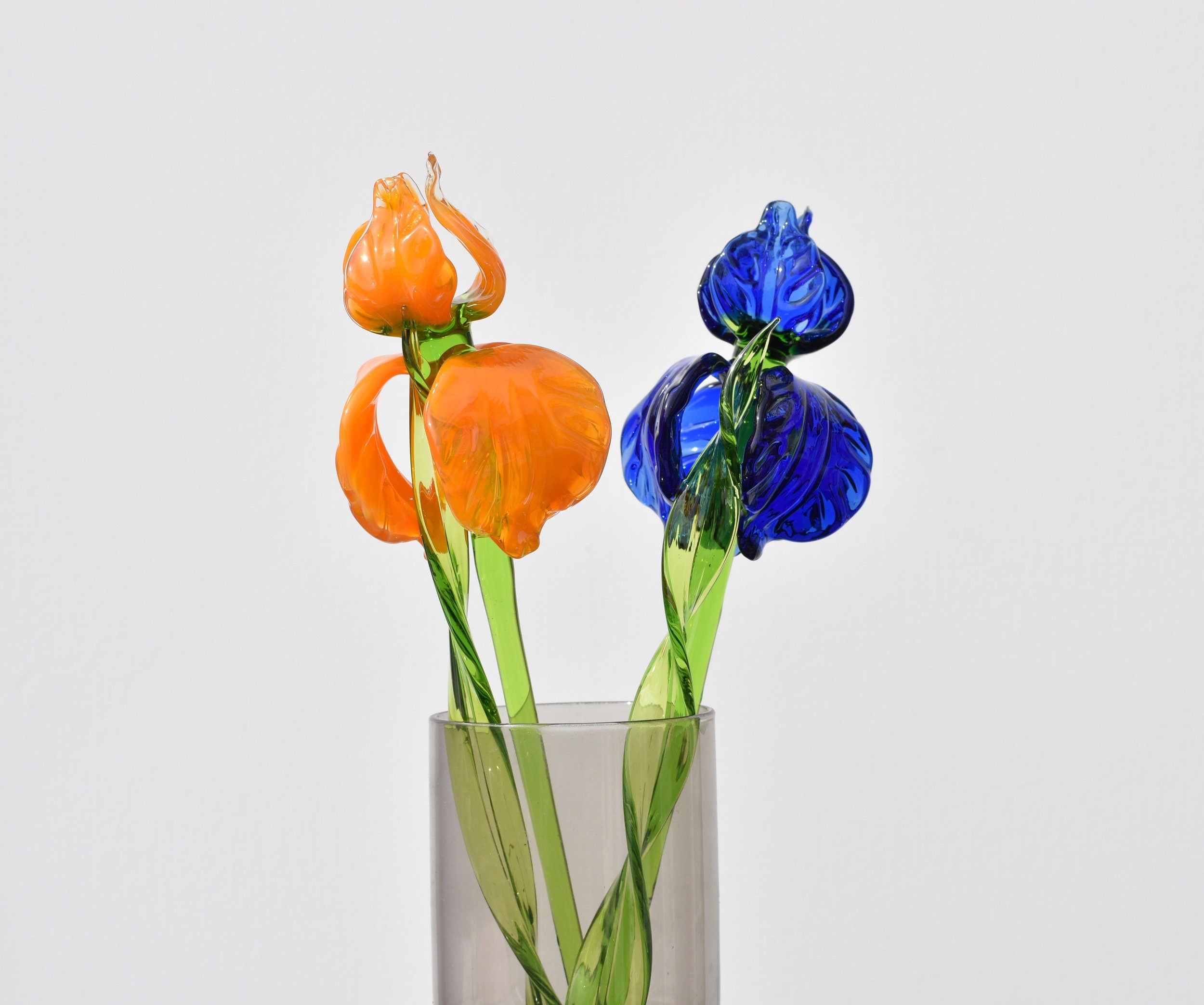 Handmade Glass Iris Bouquet: Blue & Orange Flame-Worked Flowers
