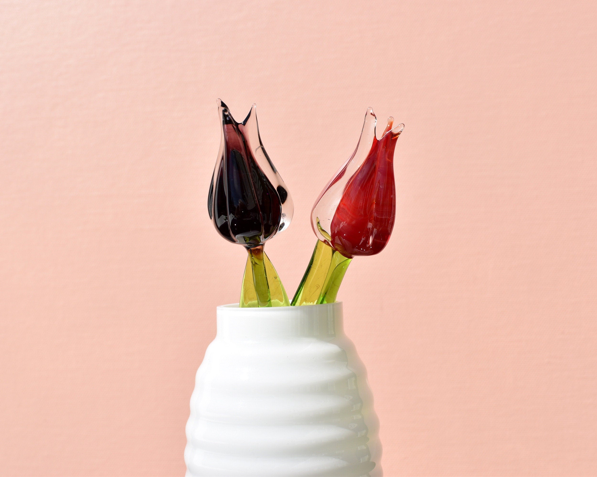 Handmade Glass Tulip Duo: Red and Purple Flame-Worked Flowers
