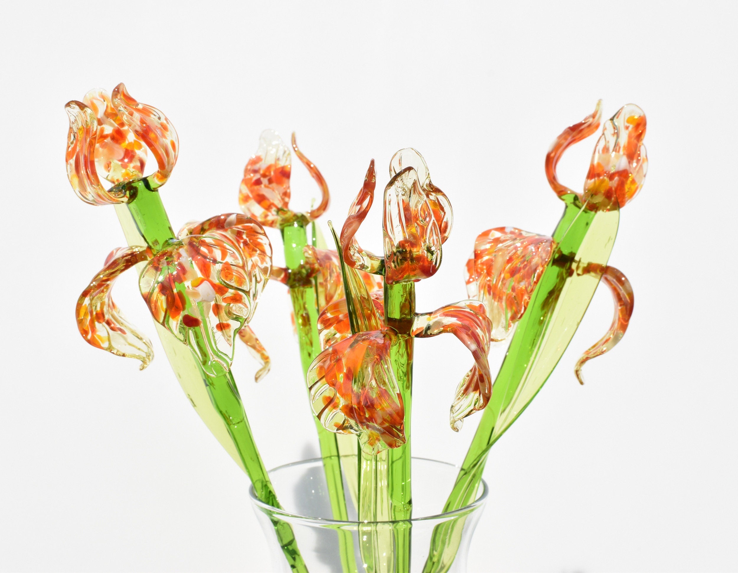 Hand Blown Glass Iris Flower: Orange Theme, Long Stem, Collectible Sculpture