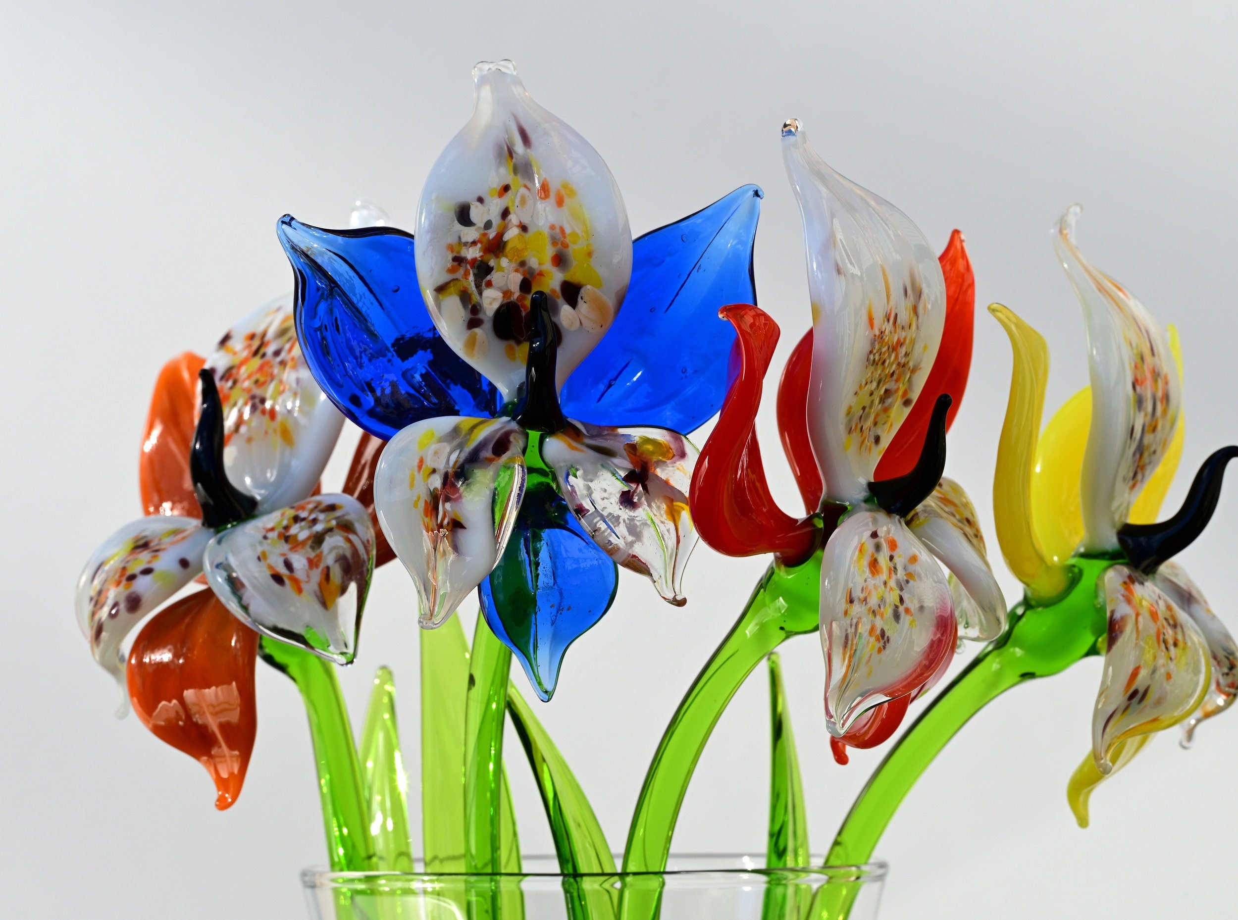 Handmade Glass Orchid Bouquet: Colorful Flame-Worked Flowers, 14 Inch