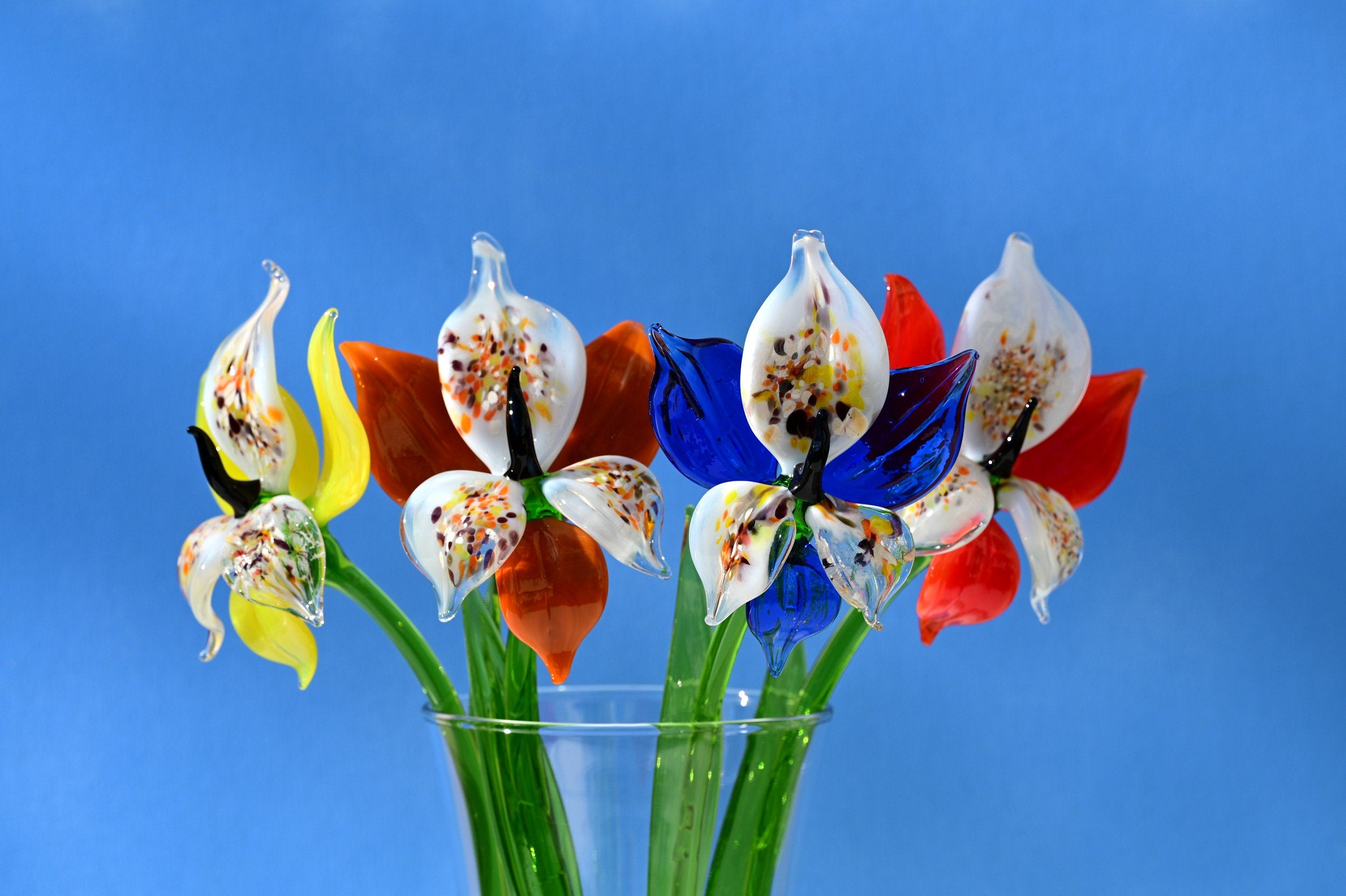 Handmade Glass Orchid Bouquet: Colorful Flame-Worked Flowers, 14 Inch