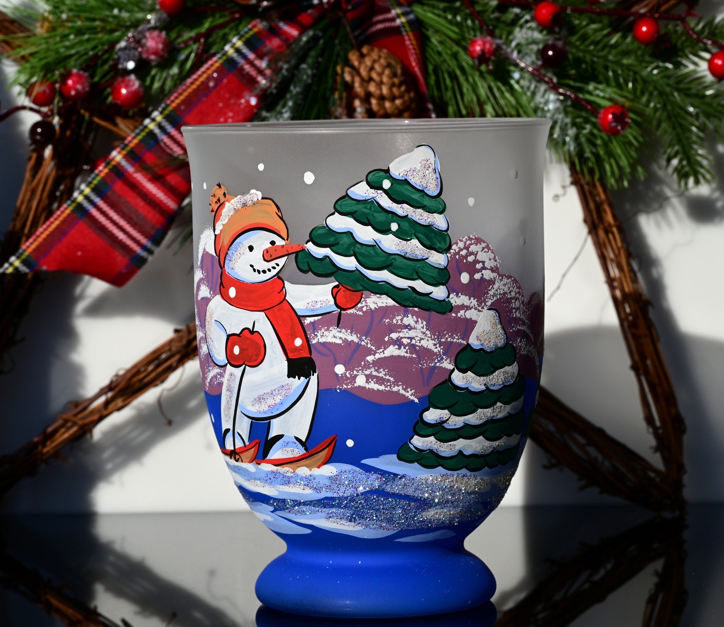 Christmas Vase: Handblown Skiing Snowman Frosted Glass Candle Holder
