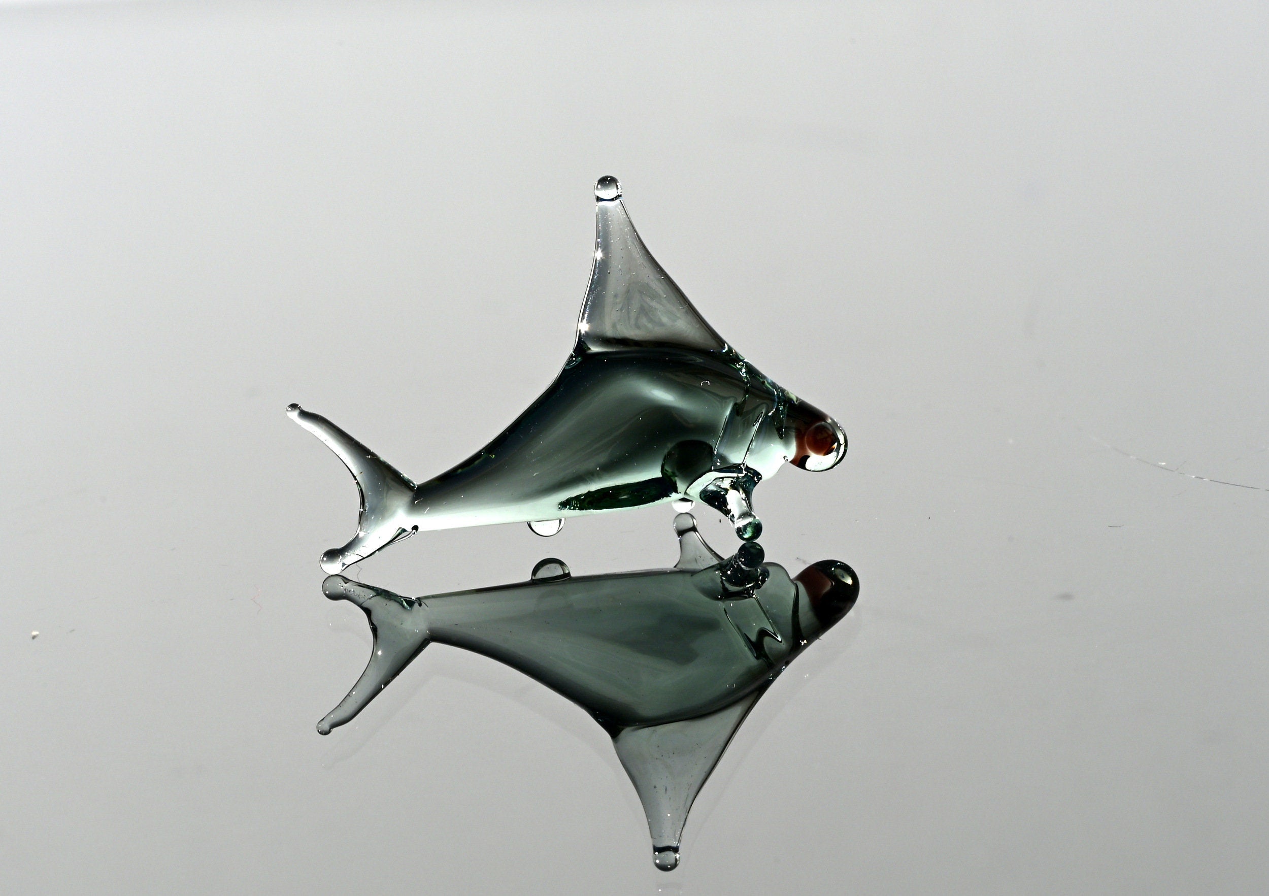 Aqua Grey Glass Shark Miniature: Lampwork Whimsical Figurine