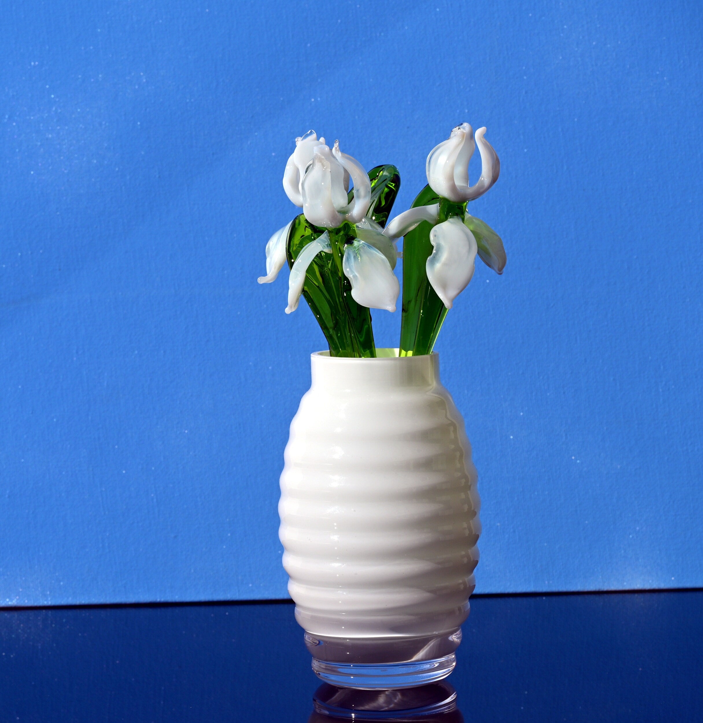 Hand Blown Glass Iris Flower Sculpture: White Clear Art Glass Decor