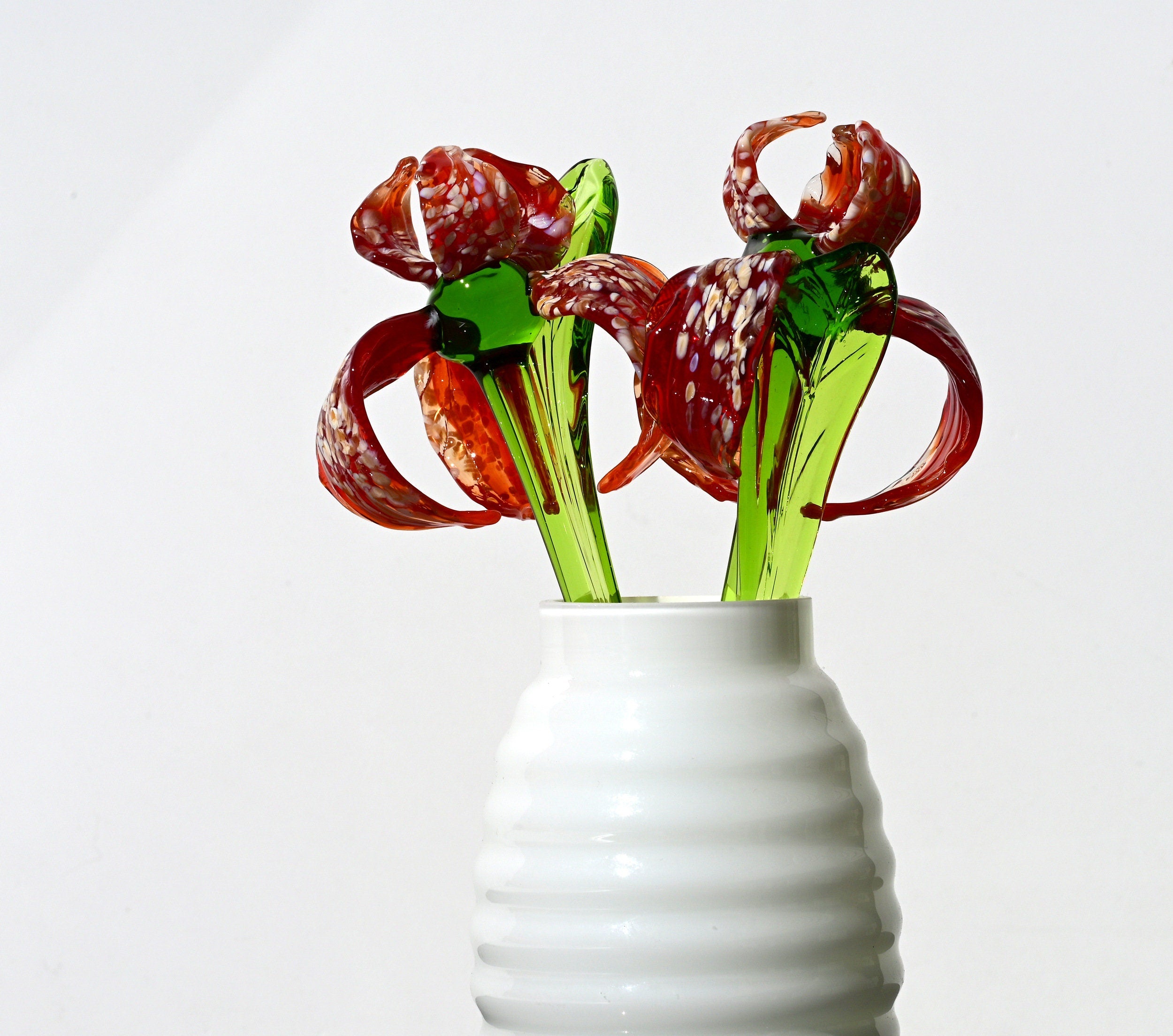 Handmade Red Glass Iris Flower: Collectible Flame-Worked Sculpture