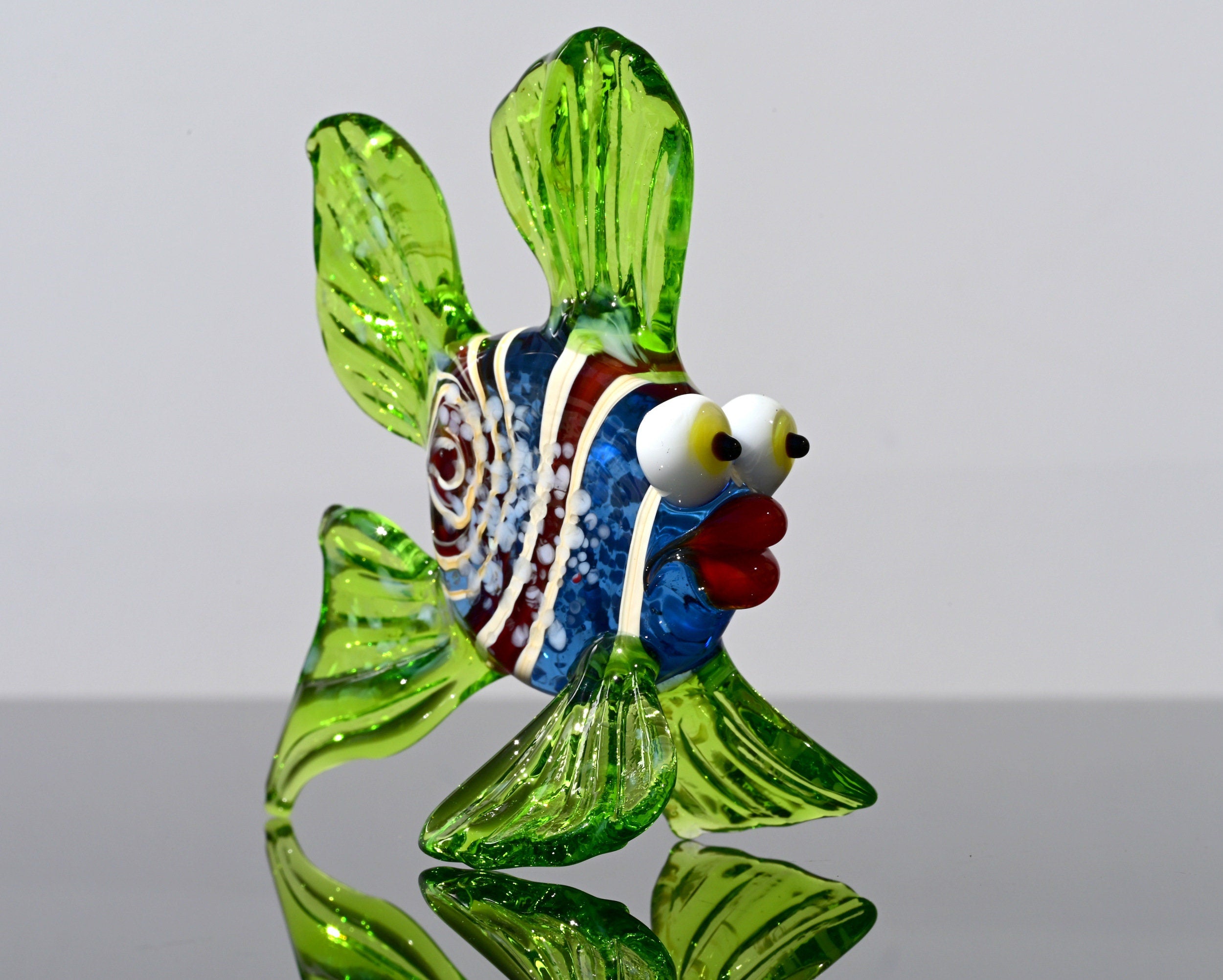 Handmade Glass Fish Figurine: Whimsical Telescope Eyes, Aqua Decor