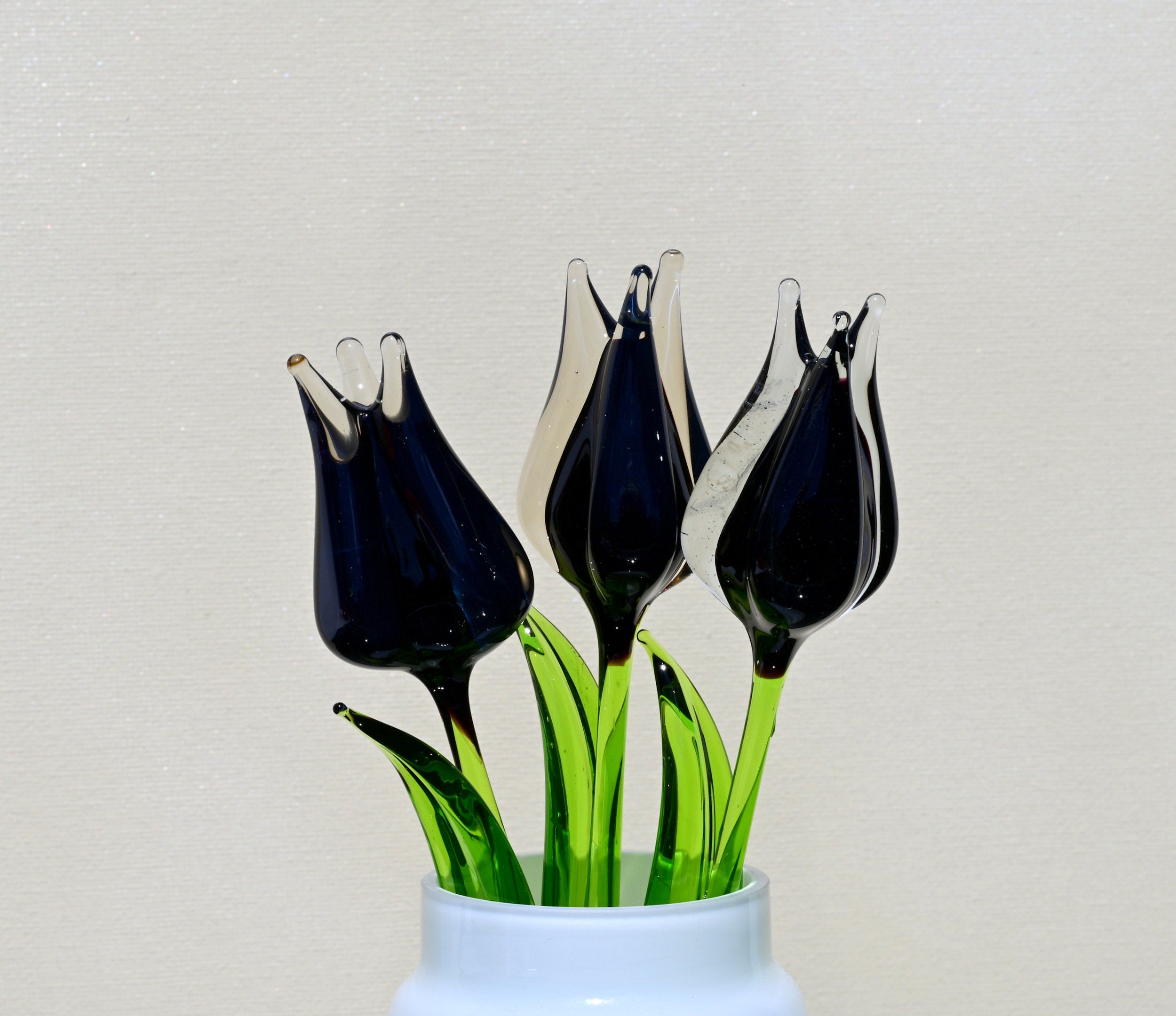 Handmade Black Glass Tulip: Flame Worked Sculpture, 7 inch