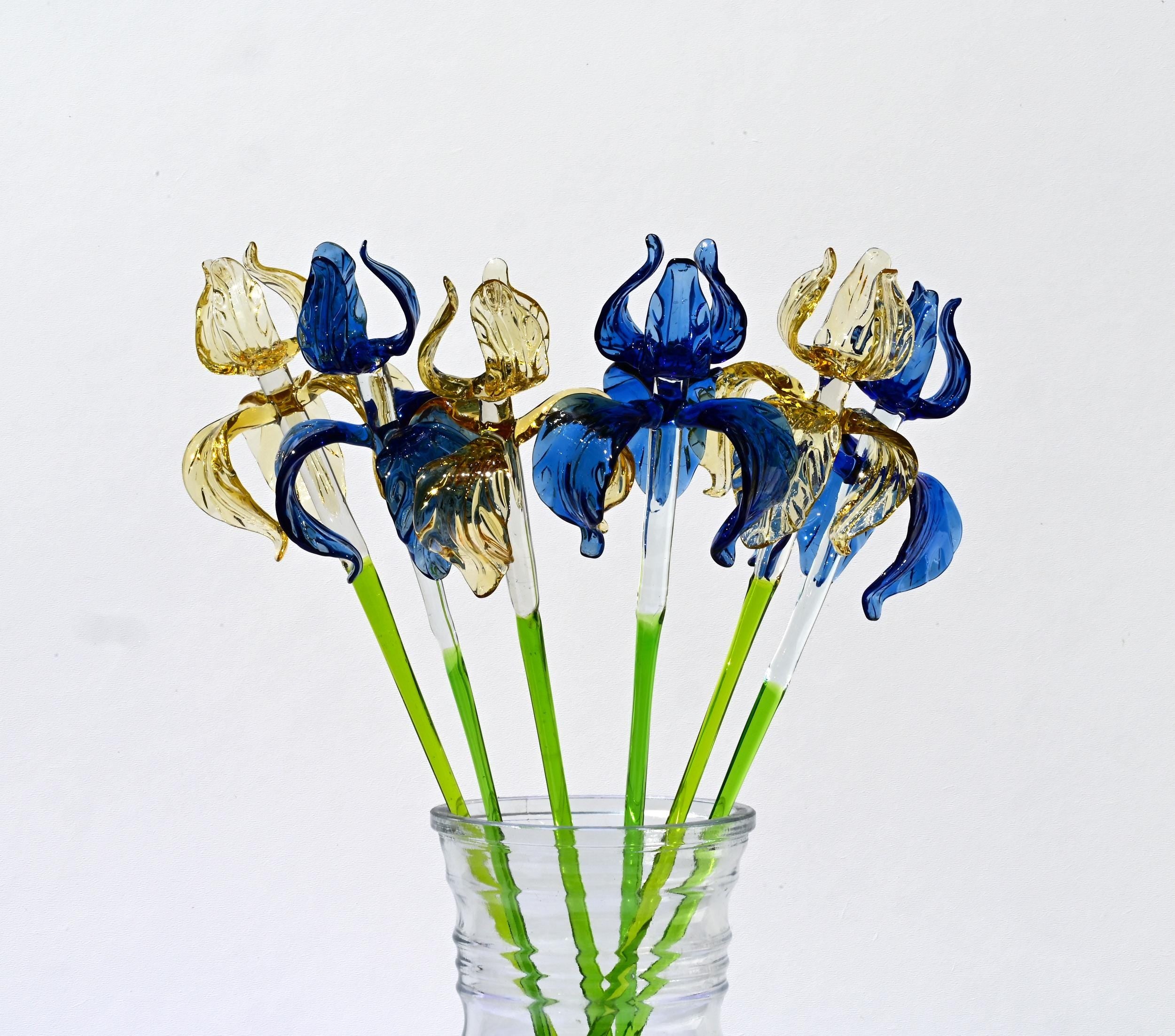 Hand-Blown Glass Iris Bouquet: Blue & Gold Flowers, Flame Work Art