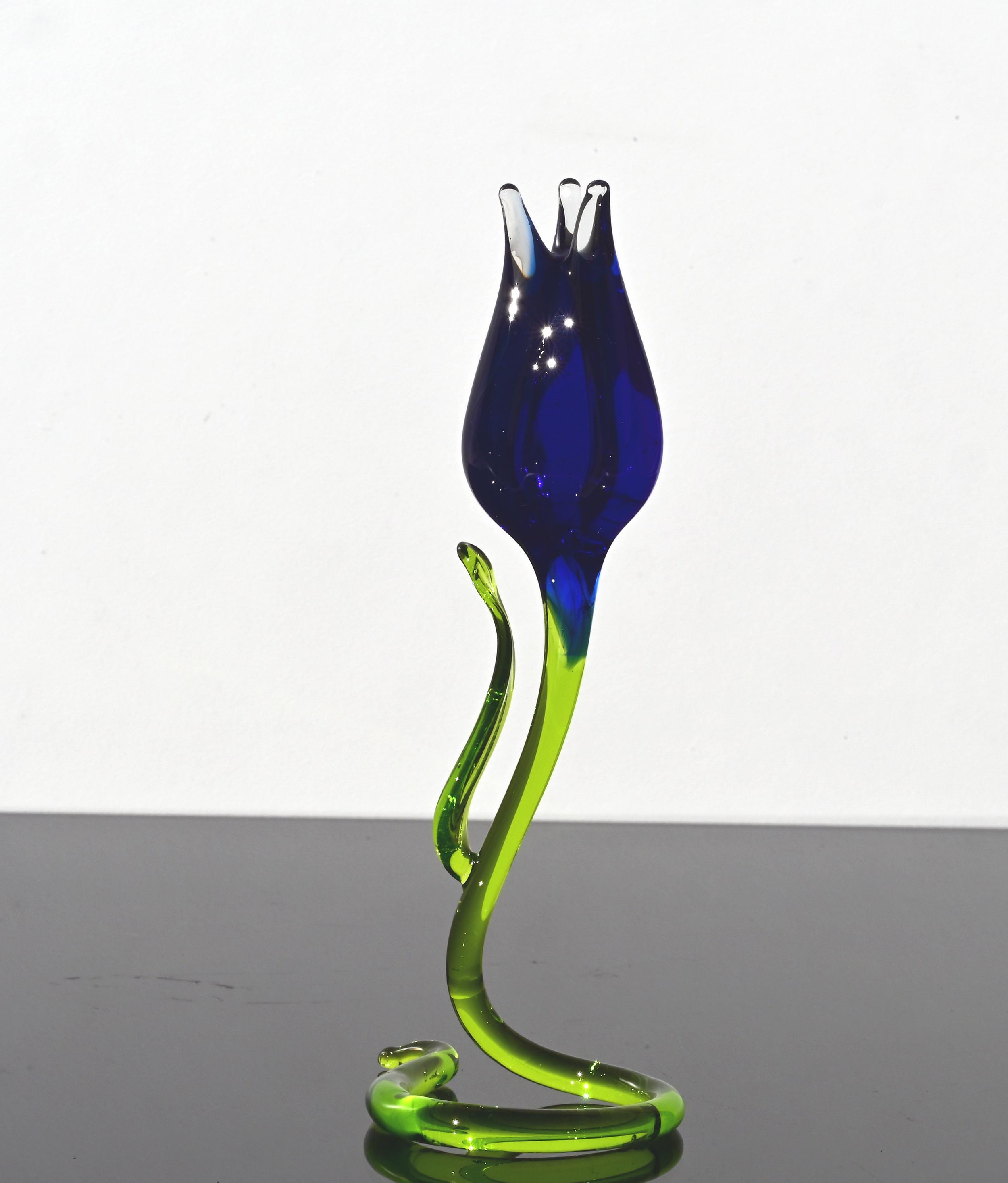 Handmade Cobalt Blue Glass Tulip Sculpture: Flame Work Art Glass