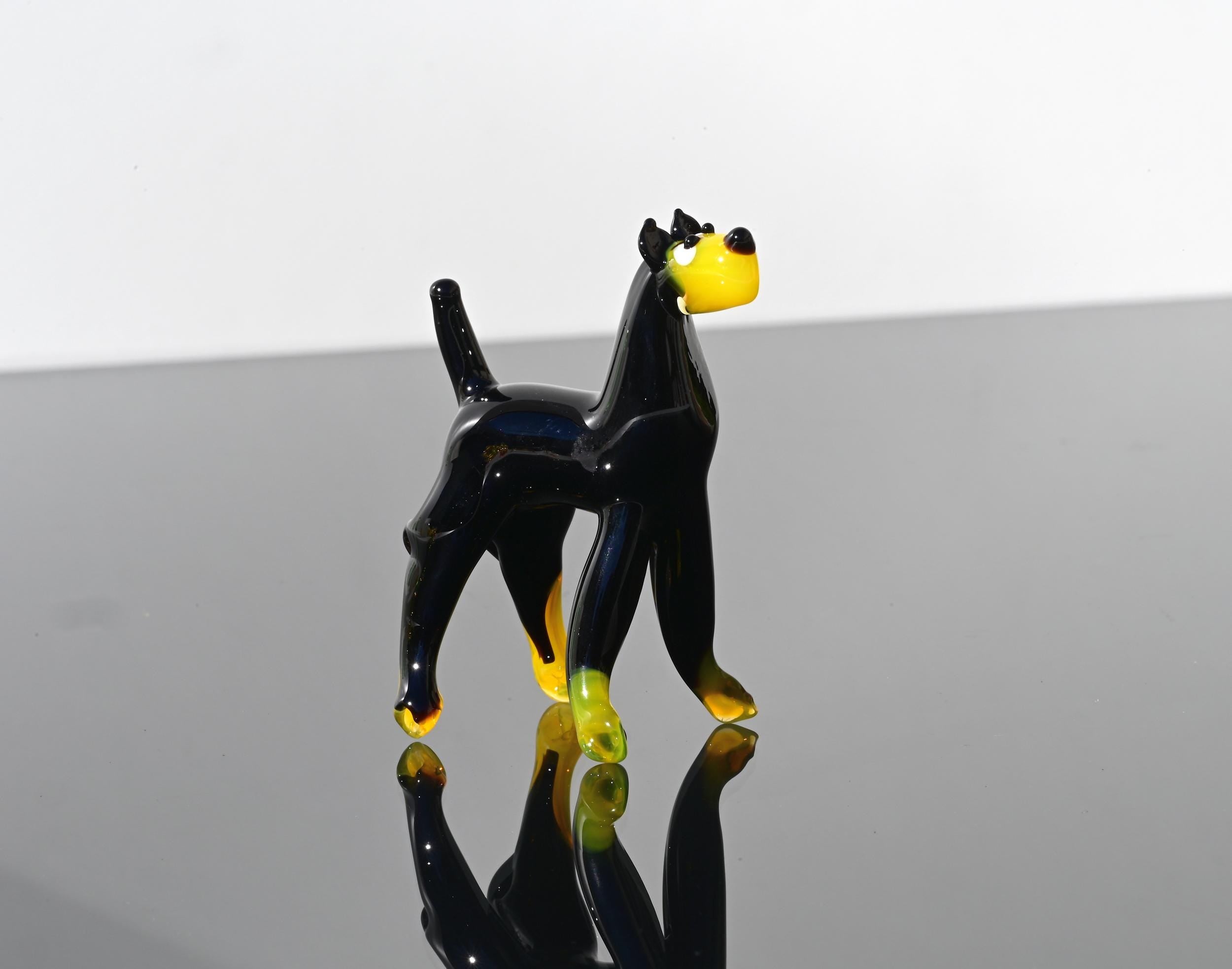 Black Glass Doberman Figurine: Whimsical Handmade Sculpture