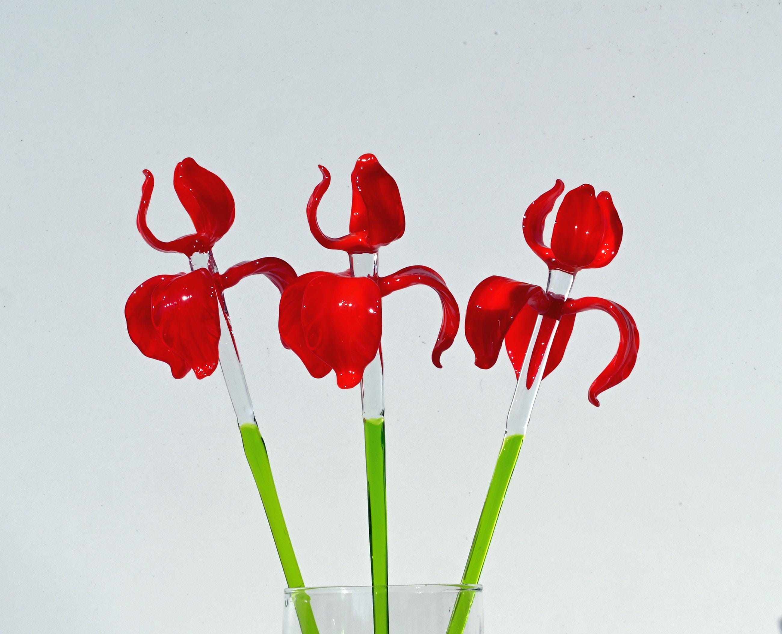 Handblown Red Glass Iris Flower - 17" Tall Floral Art