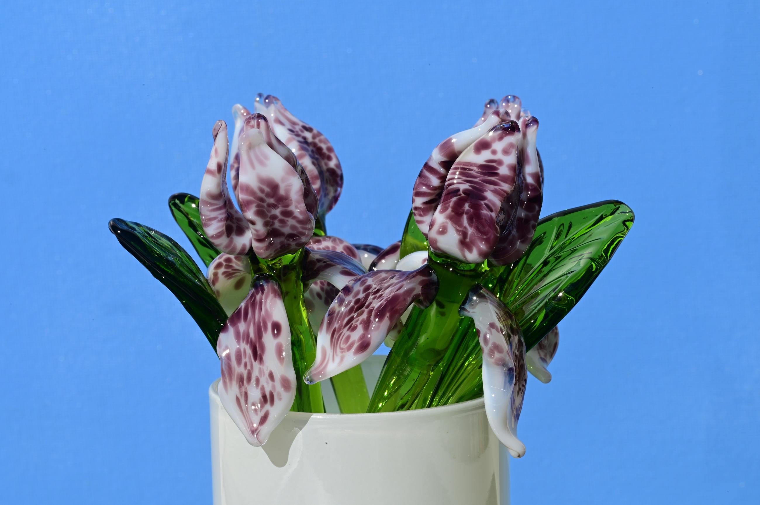 Handmade Leopard Glass Iris Flower, Purple Spotted Sculpture, 8 Inch