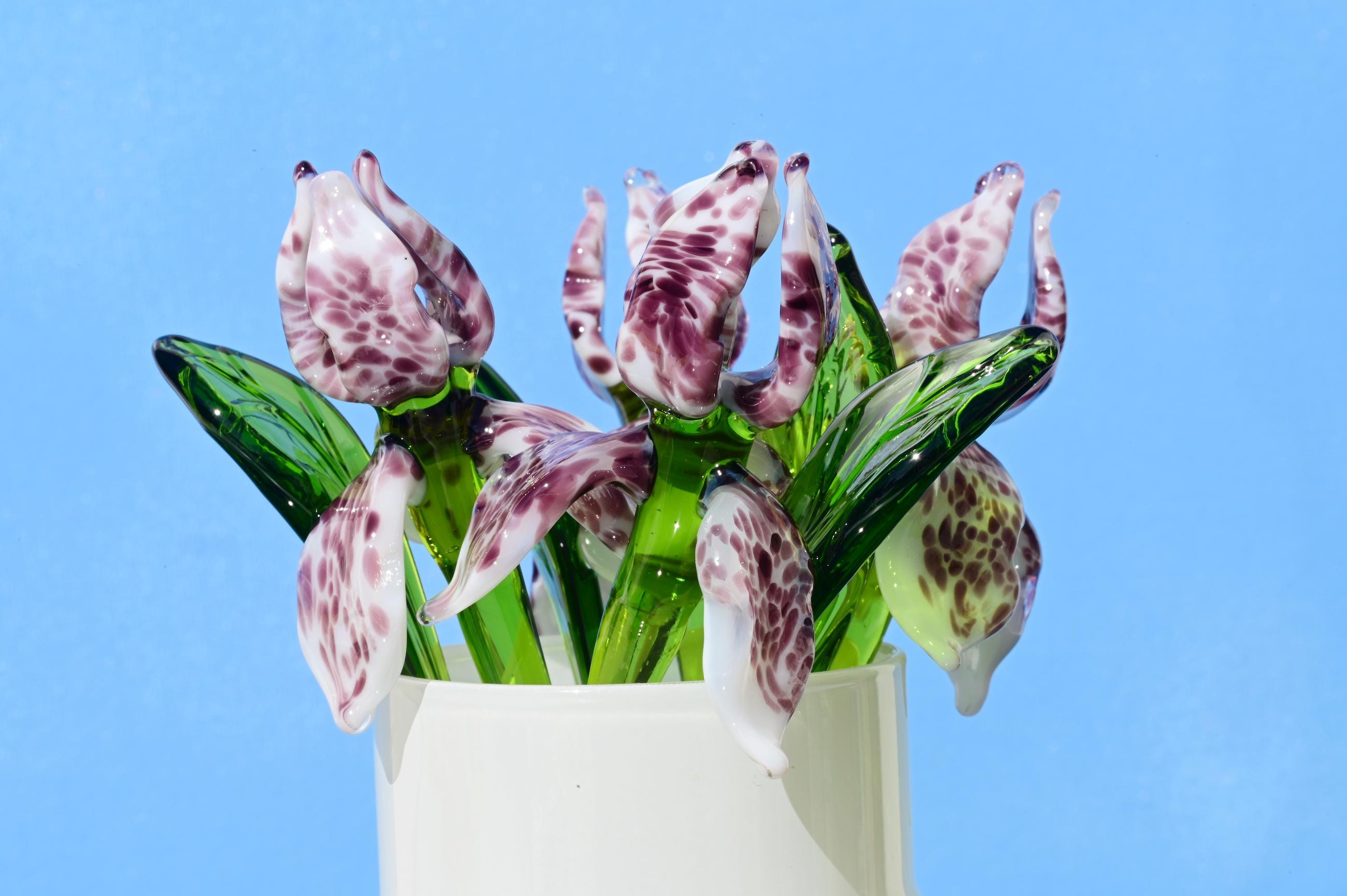 Handmade Leopard Glass Iris Flower, Purple Spotted Sculpture, 8 Inch