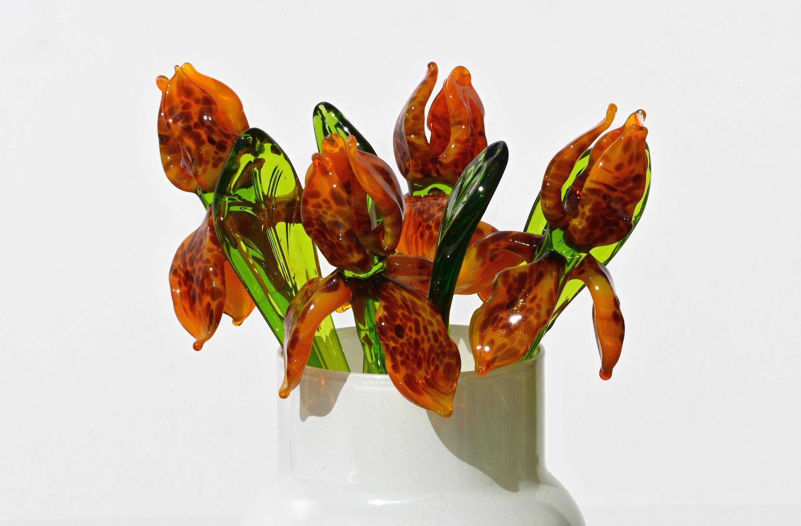 Handmade Orange Glass Tiger Iris Flower - Flame Work Sculpture