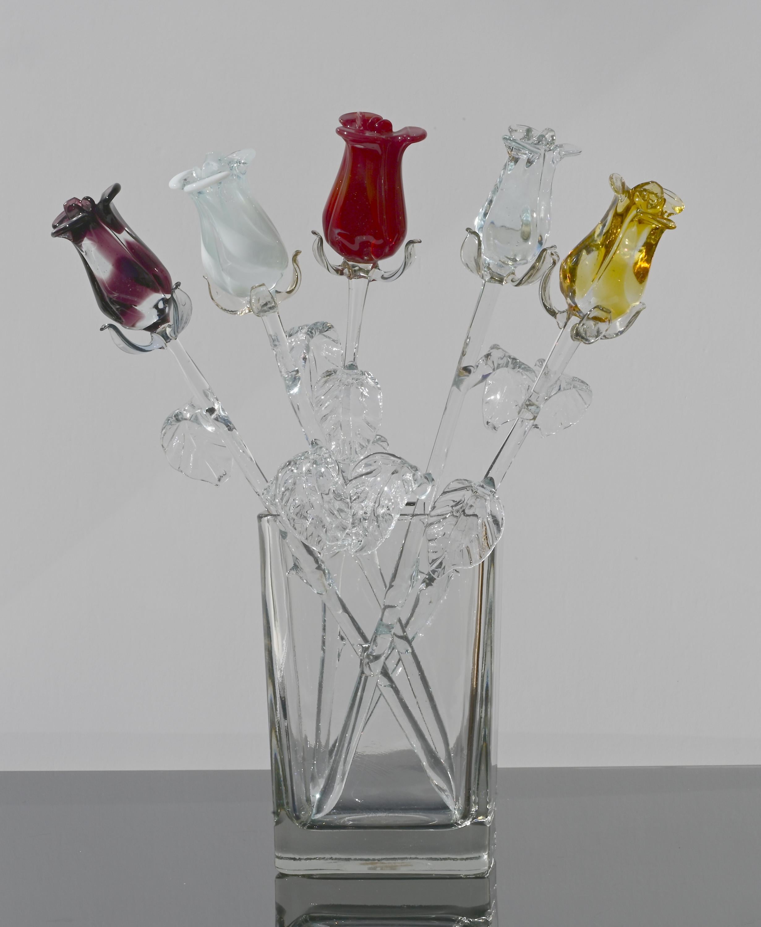 Handmade Multicolor Glass Rose Bouquet: Flame Worked Sculpture